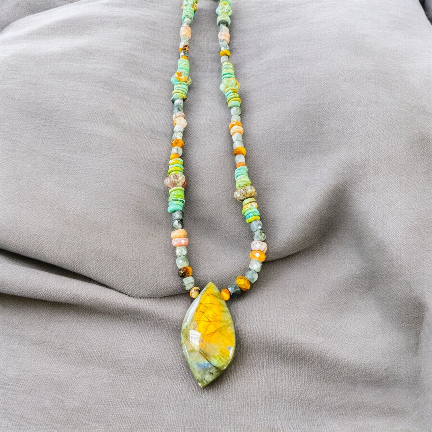 Logan Necklace Labradorite, Fossilized Coral, Chinese Turquoise, Tigers Eye and Eagle Eye