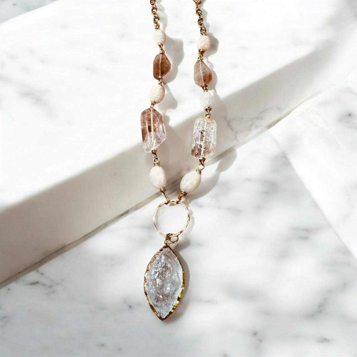 Robb Necklace Rosary Style Mixed Gem W/Quartz Drop