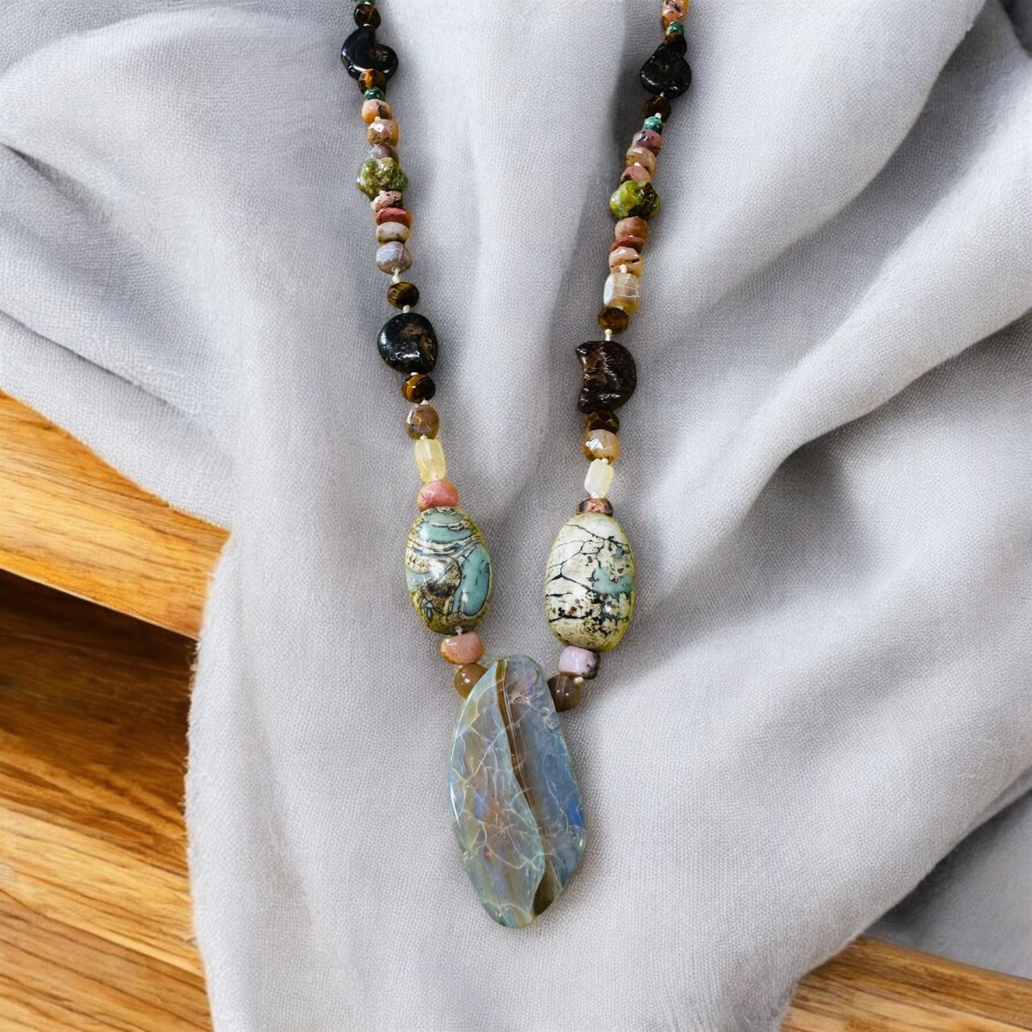 Logan Necklace Ammonite Fossil, Chinese Turquoise, Boulder Opal and Gemstones
