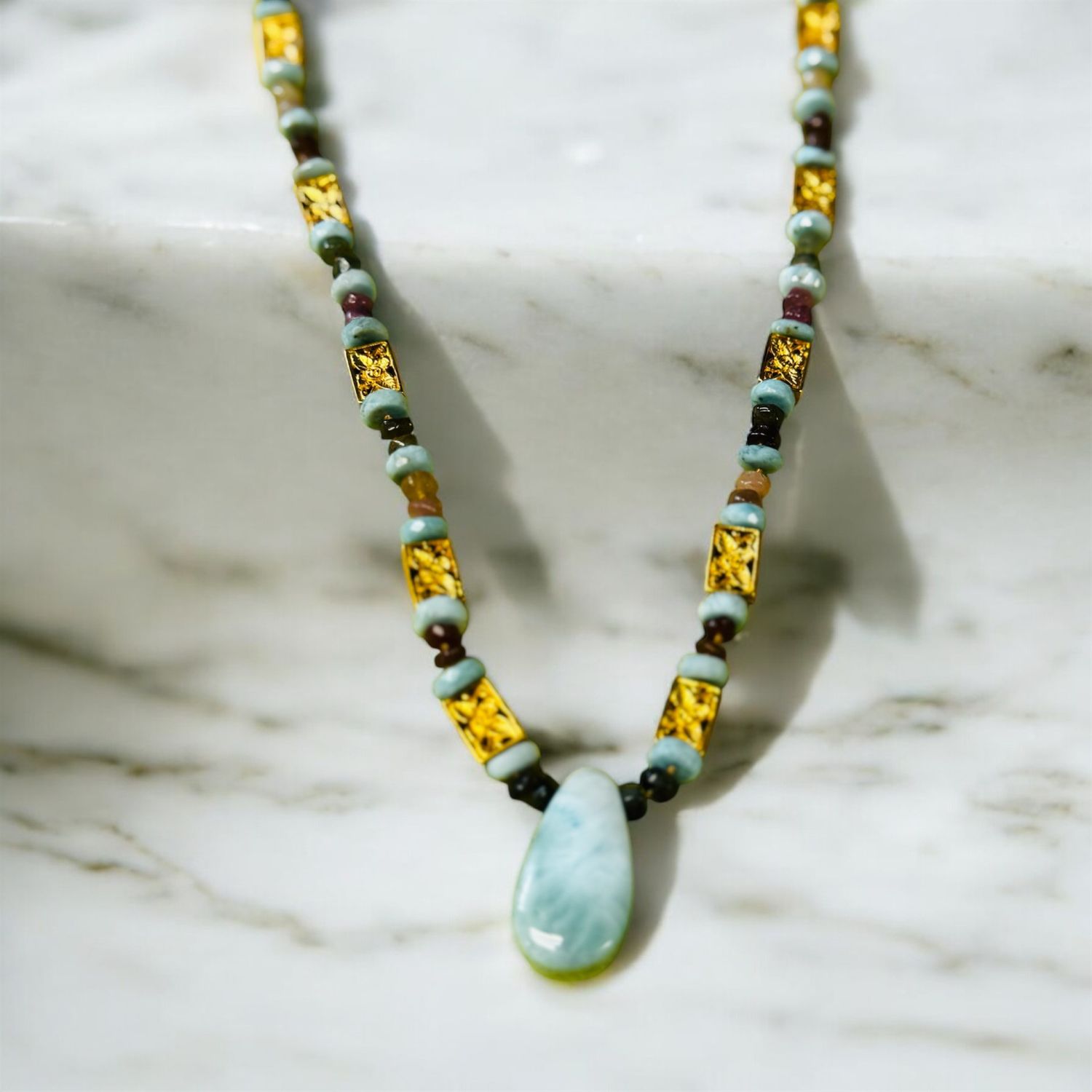 Logan Necklace Larimar and Tourmaline w/24K Gold Vermeil Beads