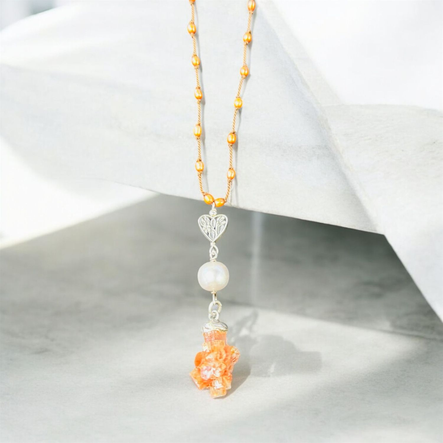 Robb Necklace Aragonite drop with Freshwater Pearl and Sterling Silver Heart