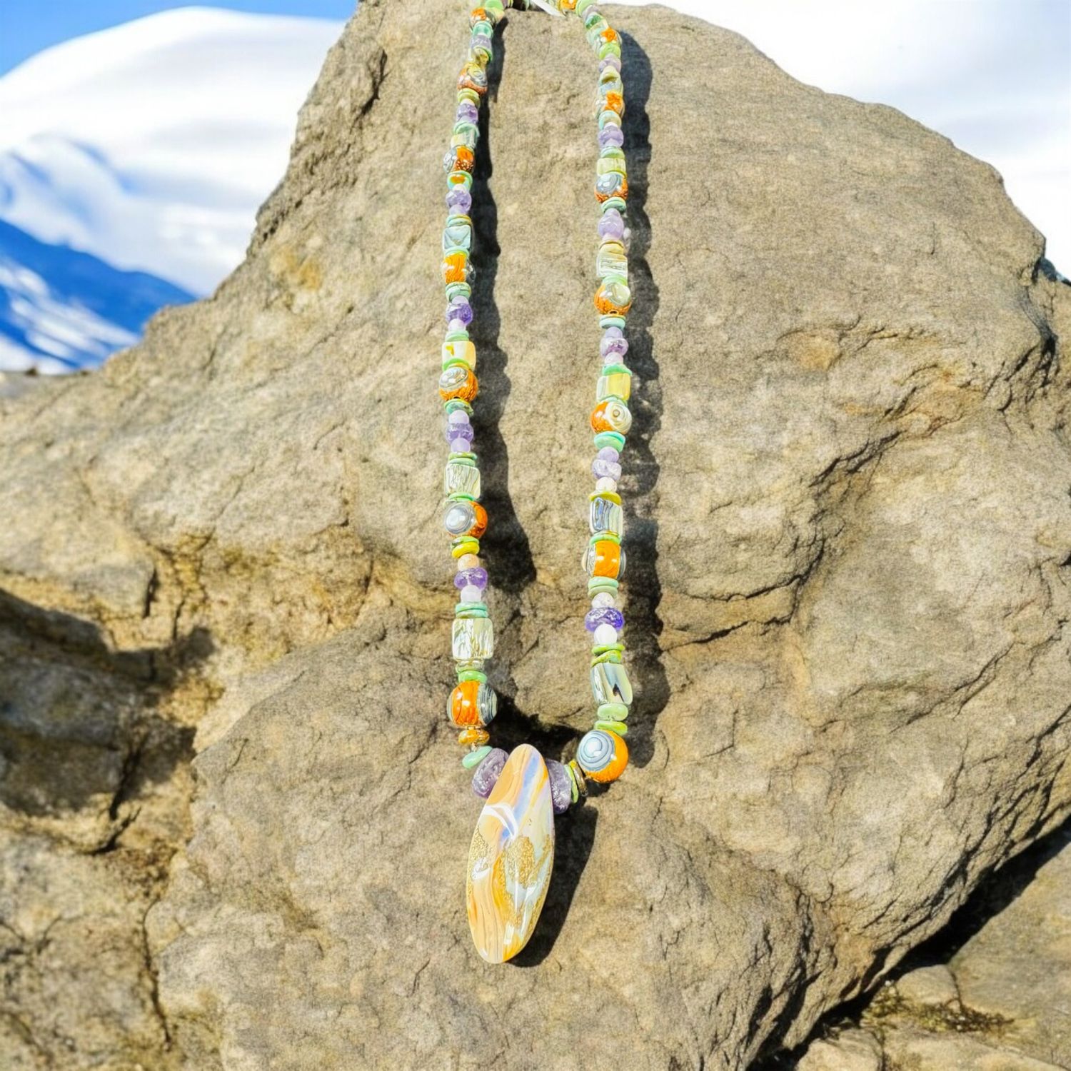 Logan Necklace Egyptian Prayer Beads, Abalone, Chinese Turquoise and Matte Amethyst