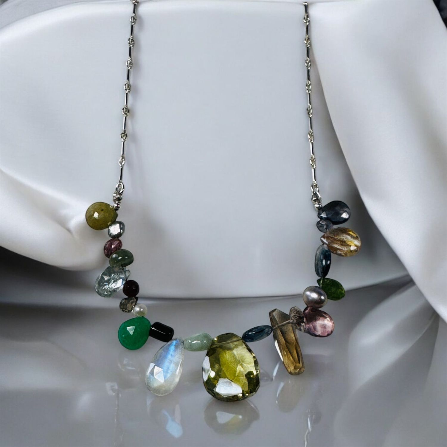 Robb Necklace Mixed Gem on Sterling SIlver Bar Chain