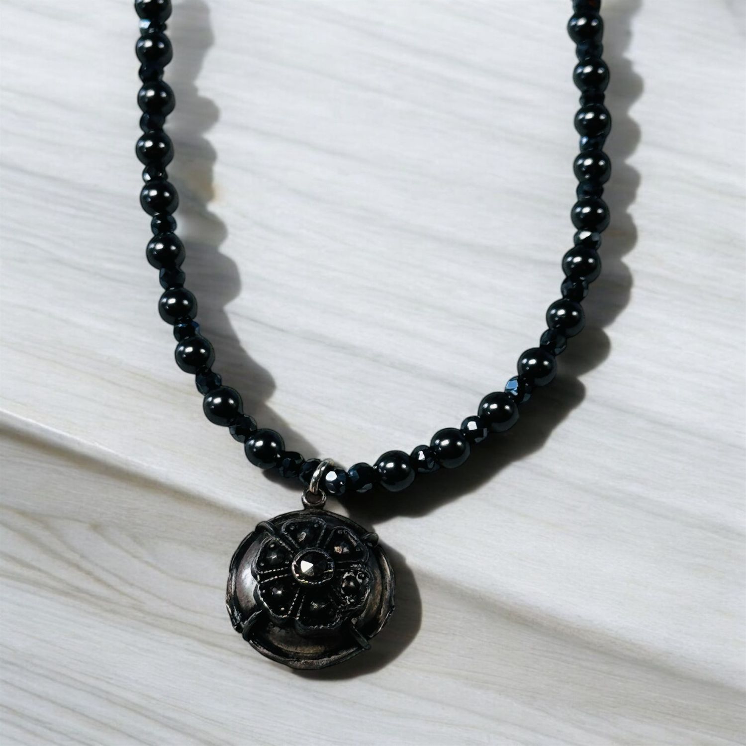 Robb Necklace Hematite W/SS Marcasite Pendant