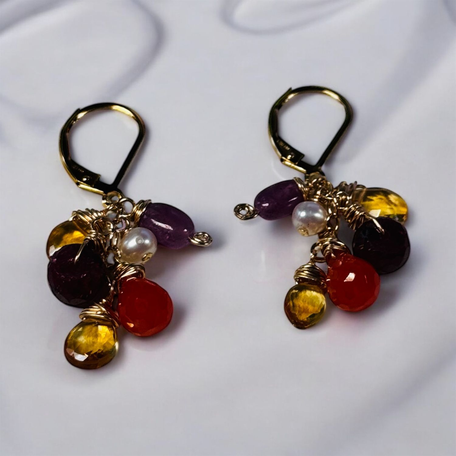 Robb Earrings Pearl, Ruby, Cornelian, Ametrine, Citrine and Amethyst Cluster