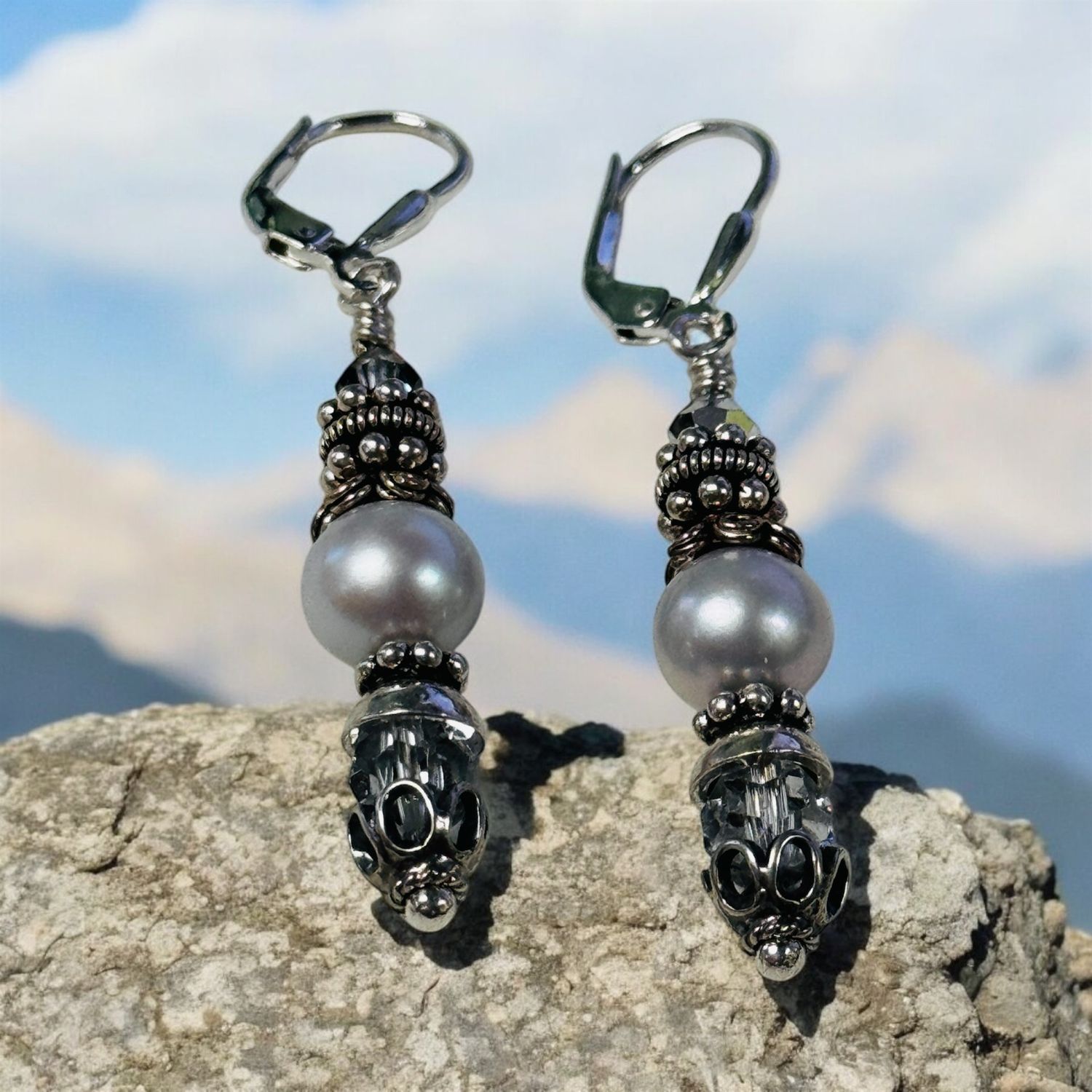 Robb Earrings Stacked Crystal and Pearl