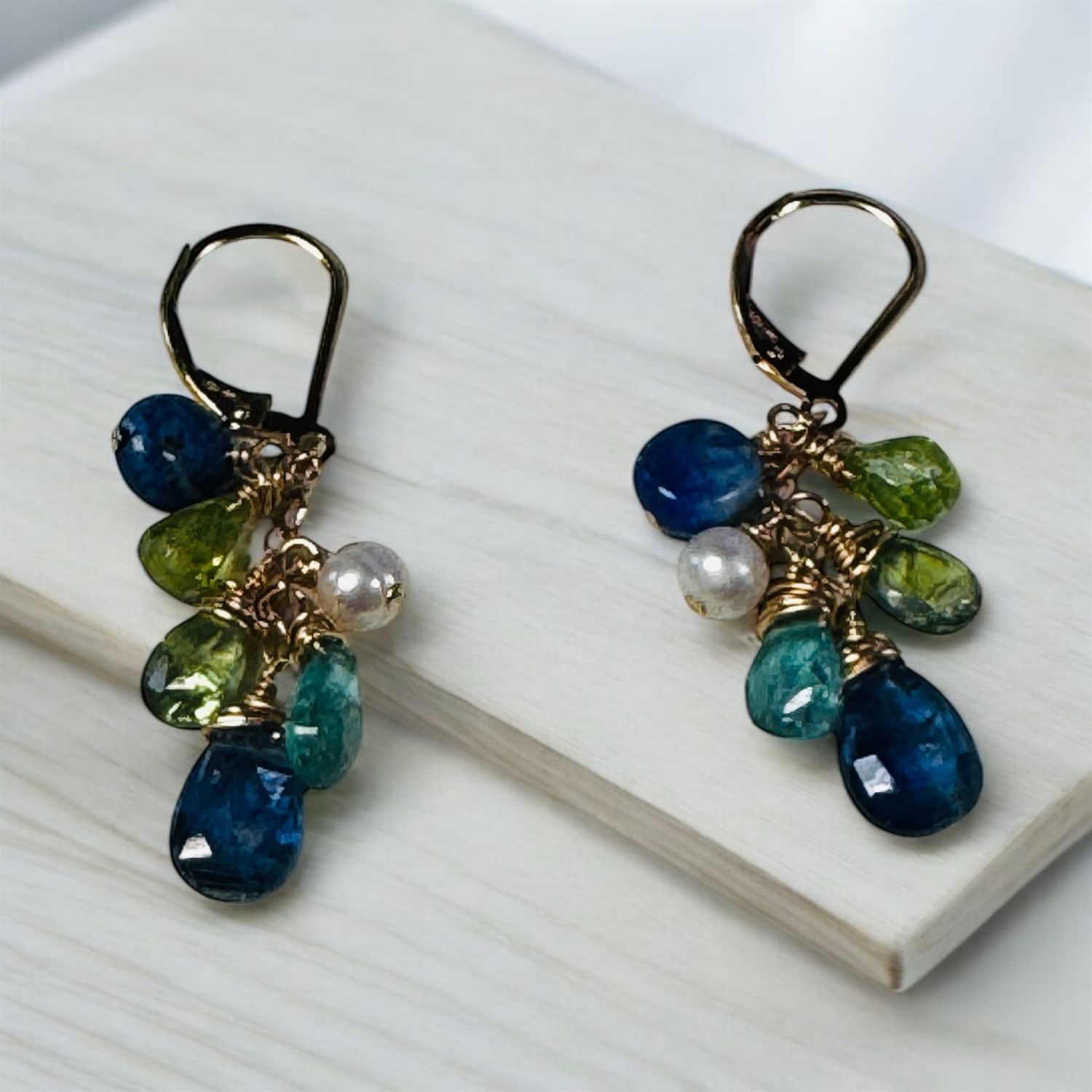 Robb Earrings Pericot, Kyanite. Fluorite. Pearl Mixed Gem Cluster