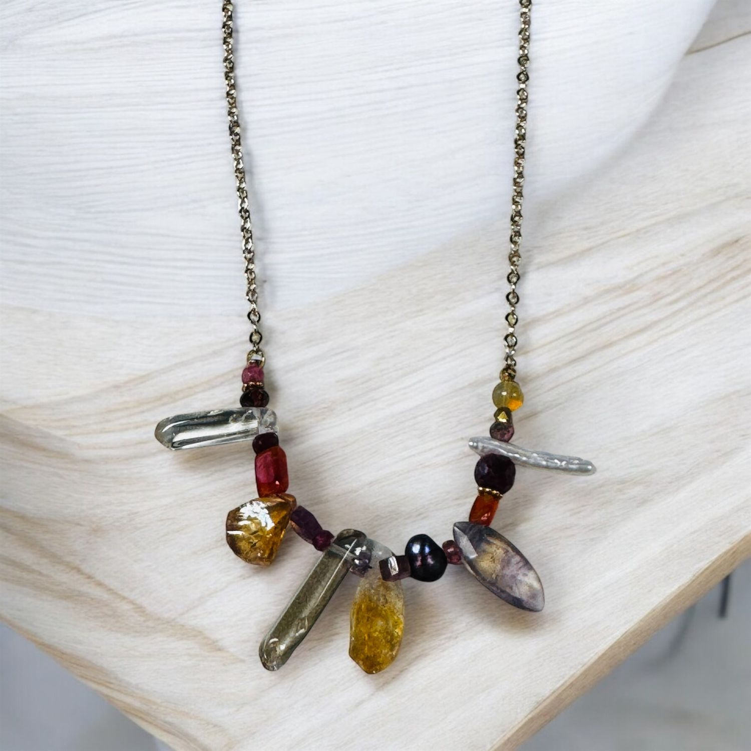 Robb Necklace Mixed Gem Opal, Pearl, Ruby, Cornelian, Ametrine Cir=trine