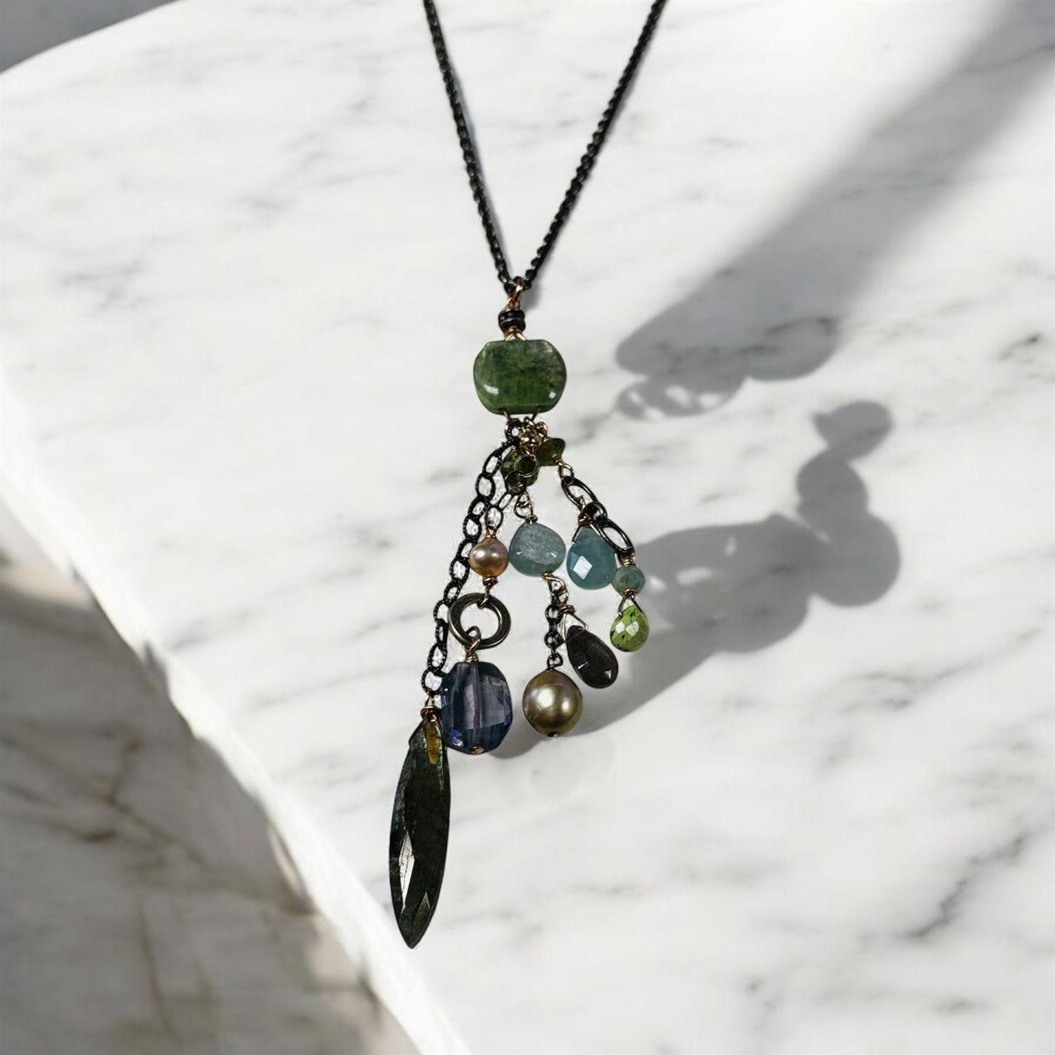 Robb Necklace Gem Cascade Green Kyanite, Aqua, Peridot, Labradorite and Pearl