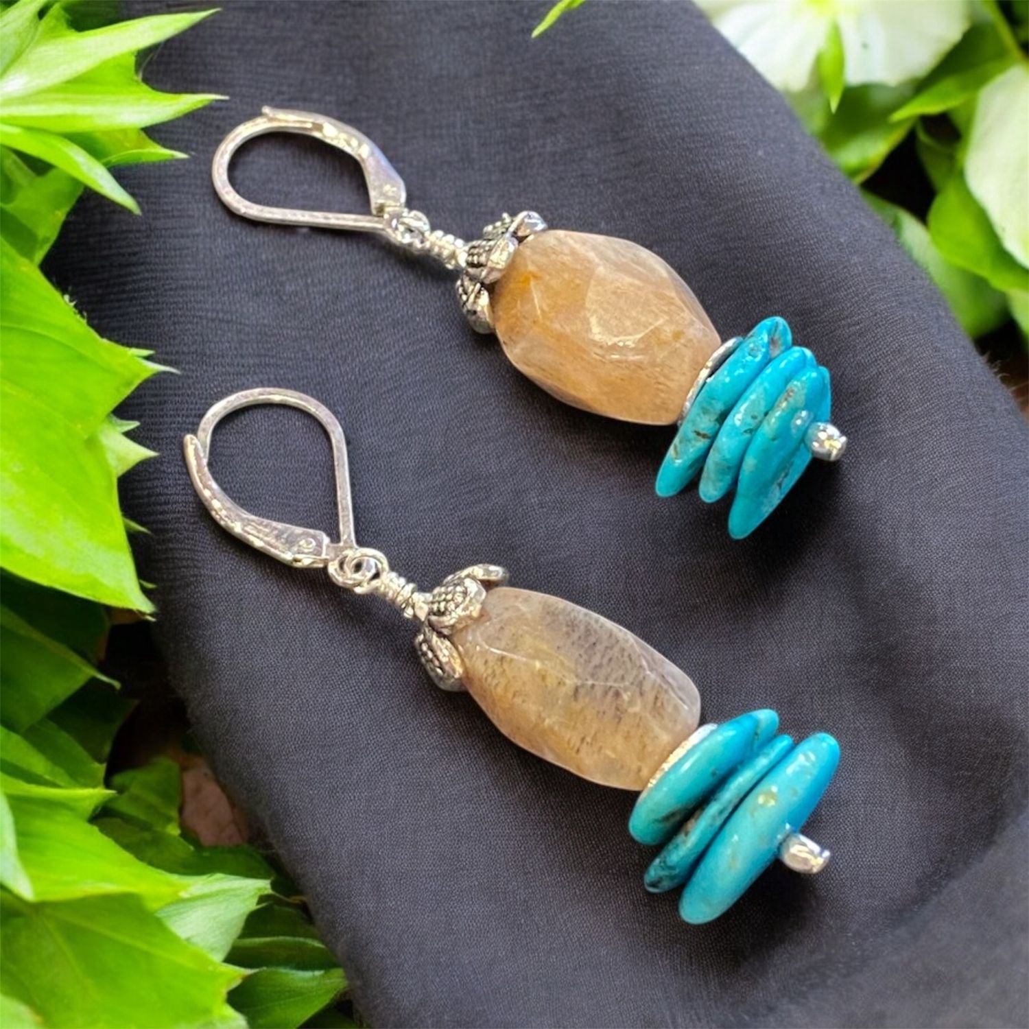 Whitney Earrings Moonstone and Turquois Slabs