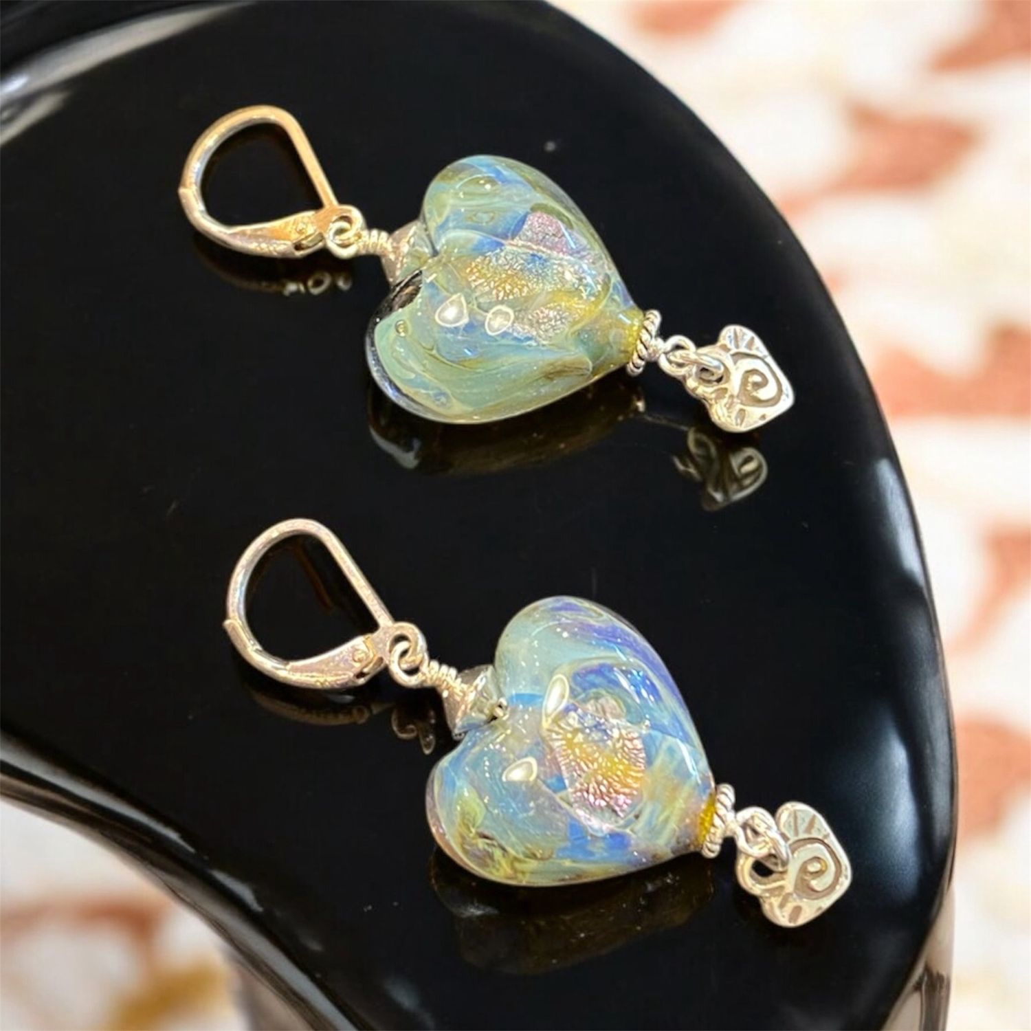 Whitney Earrings Shimmering Blue Glass Hearts