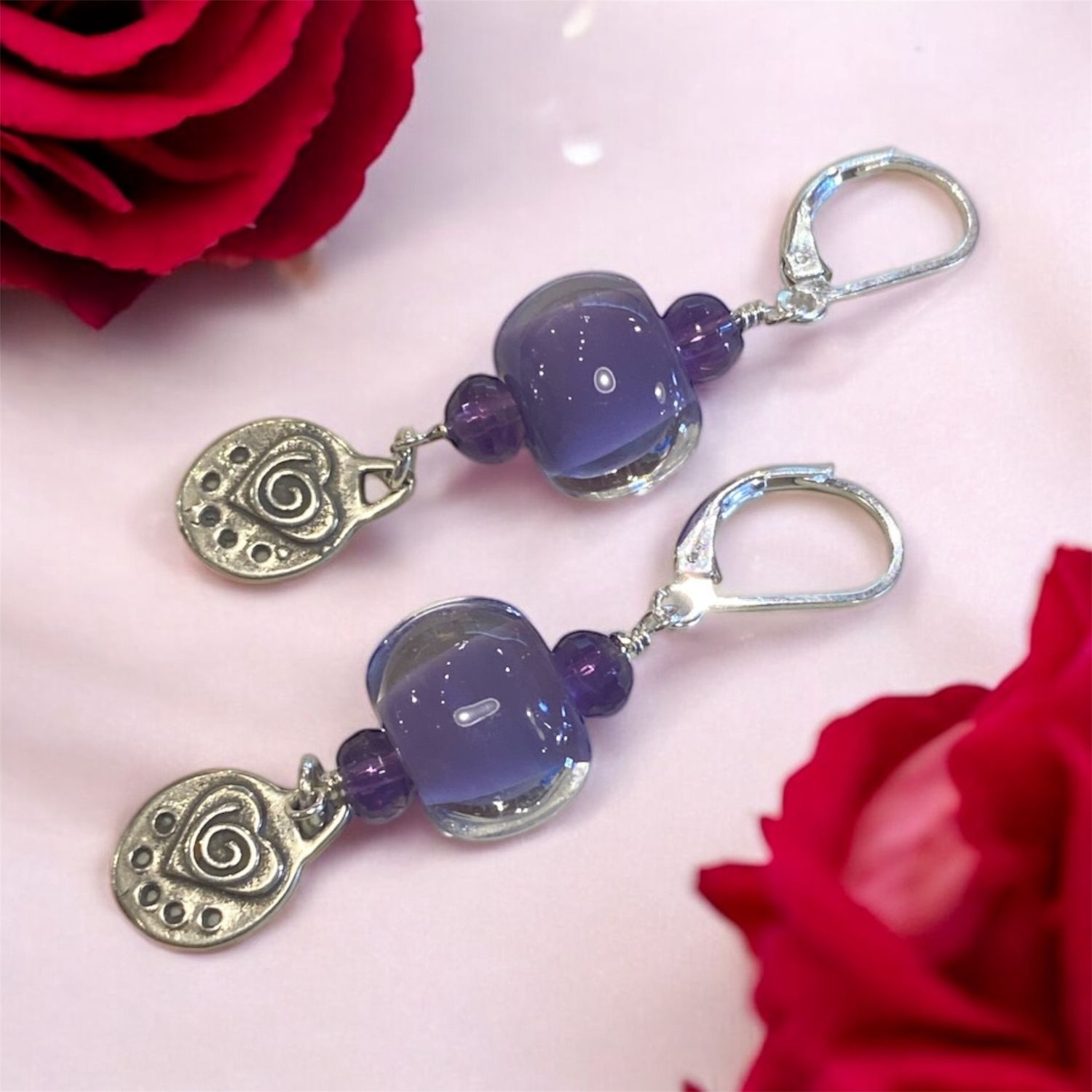 Whitney Earrings Purple Glass w/ Silver Hearts