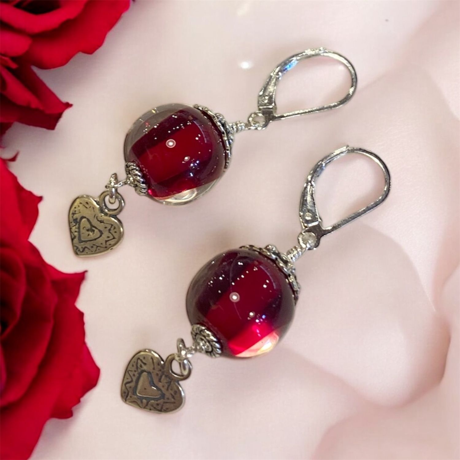 Whitney Earrings Red Glass Orbs w/ Silver Hearts