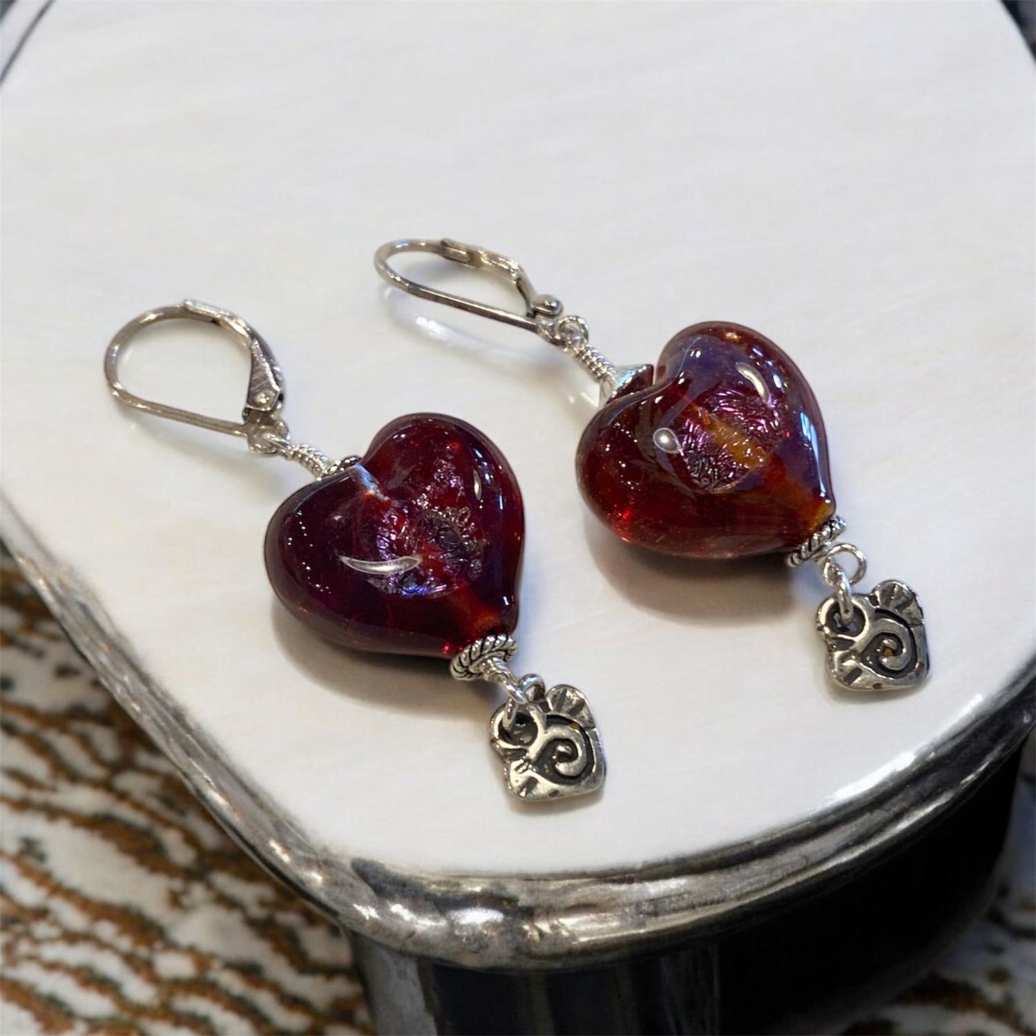 Whitney Earrings Red Glass Hearts w/ Small Silver Hearts