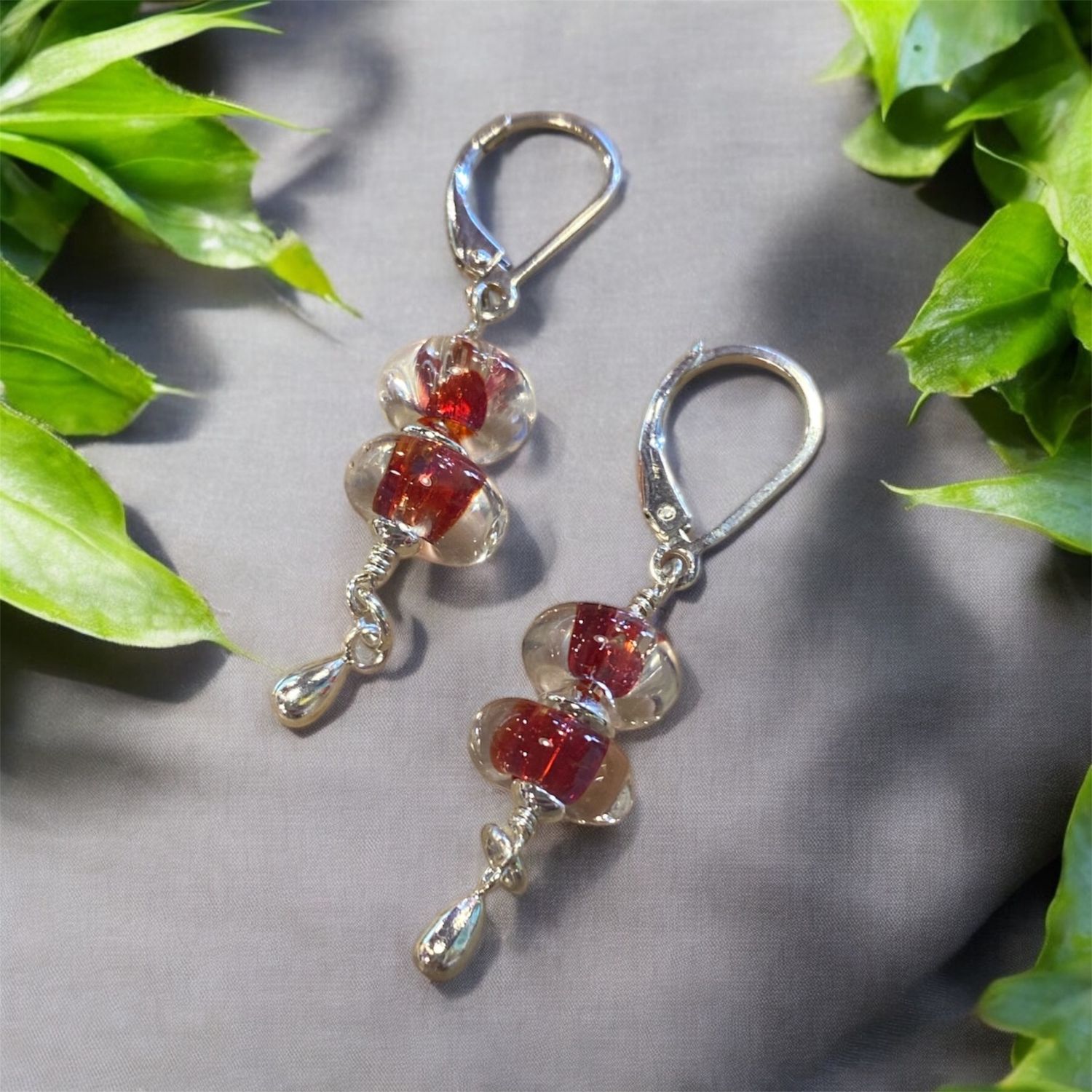Whitney Earrings Double Red Glass Orbs w/ Silver Drops