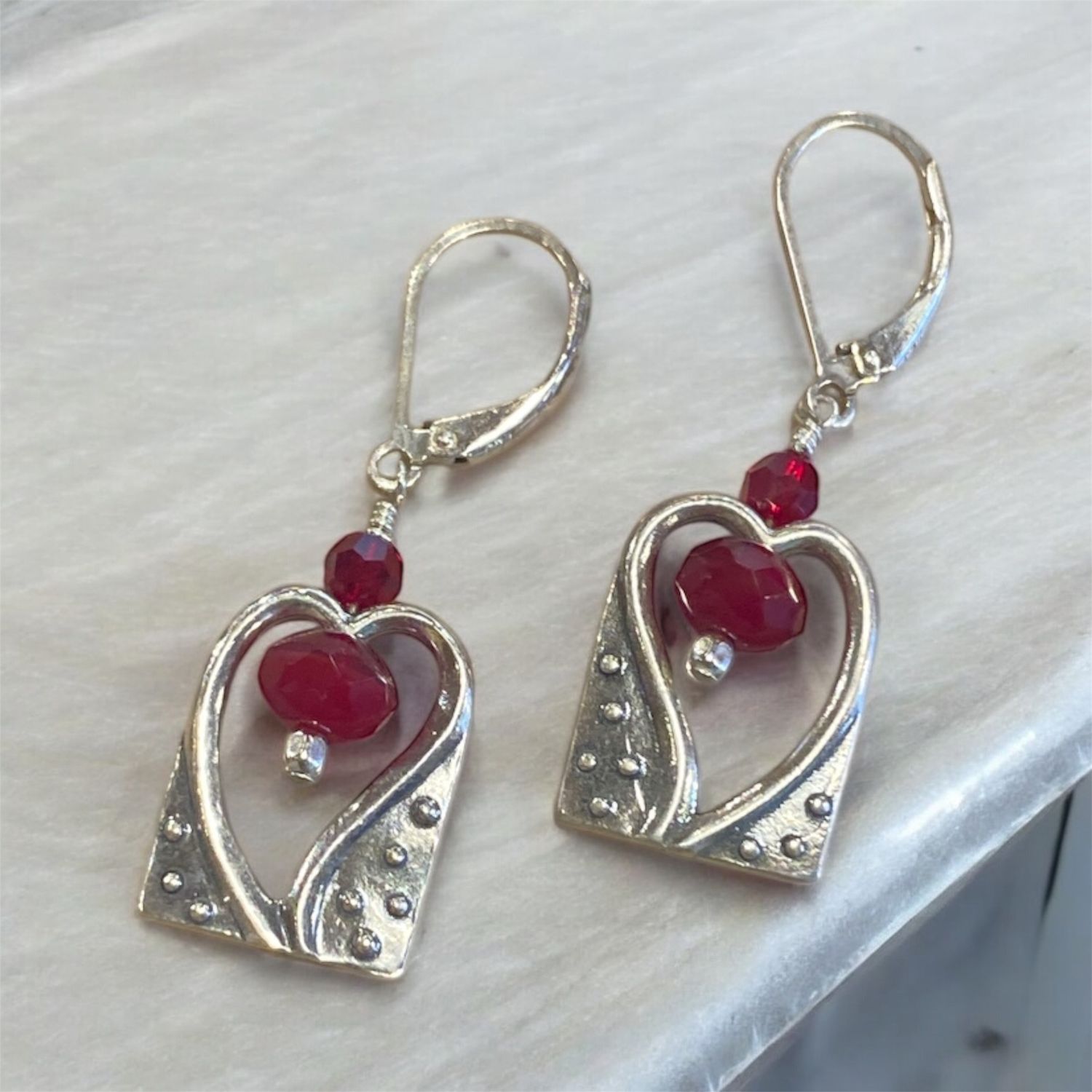 Whitney Earrings Silver Hearts w/ Red Swarovski Crystals Within