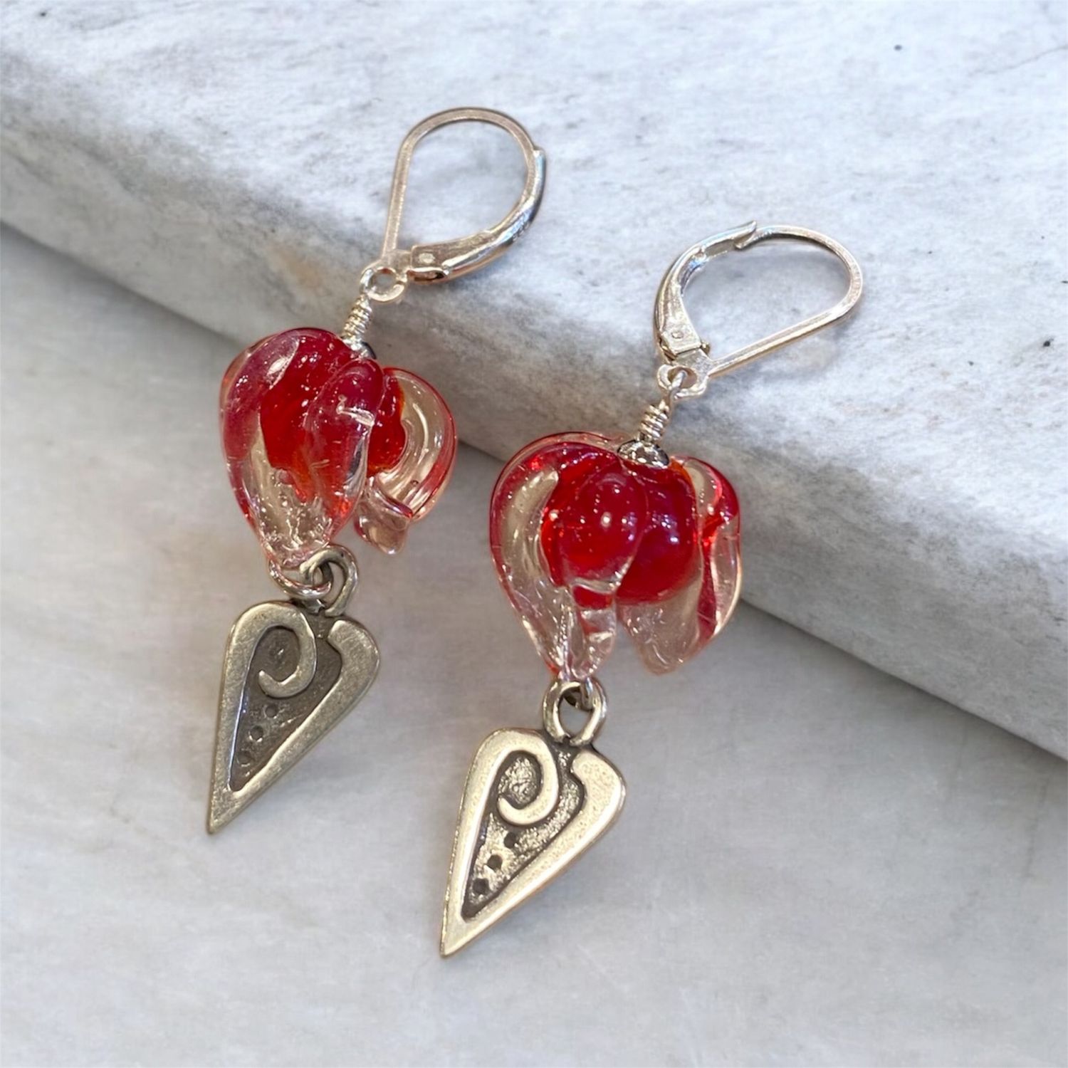 Whitney Earrings Red Glass Flowers w/ Silver Hearts