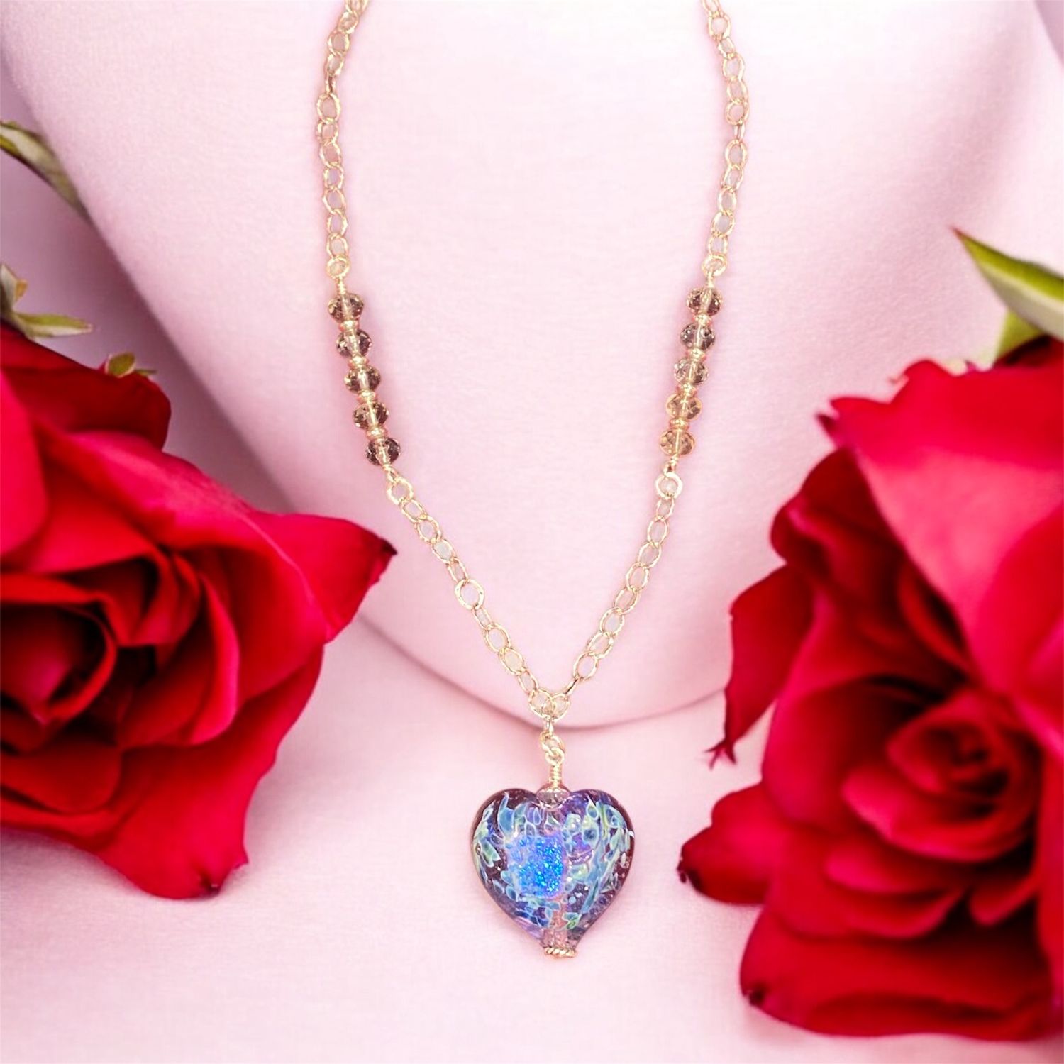Whitney Necklace Blue Shimmer Glass Heart