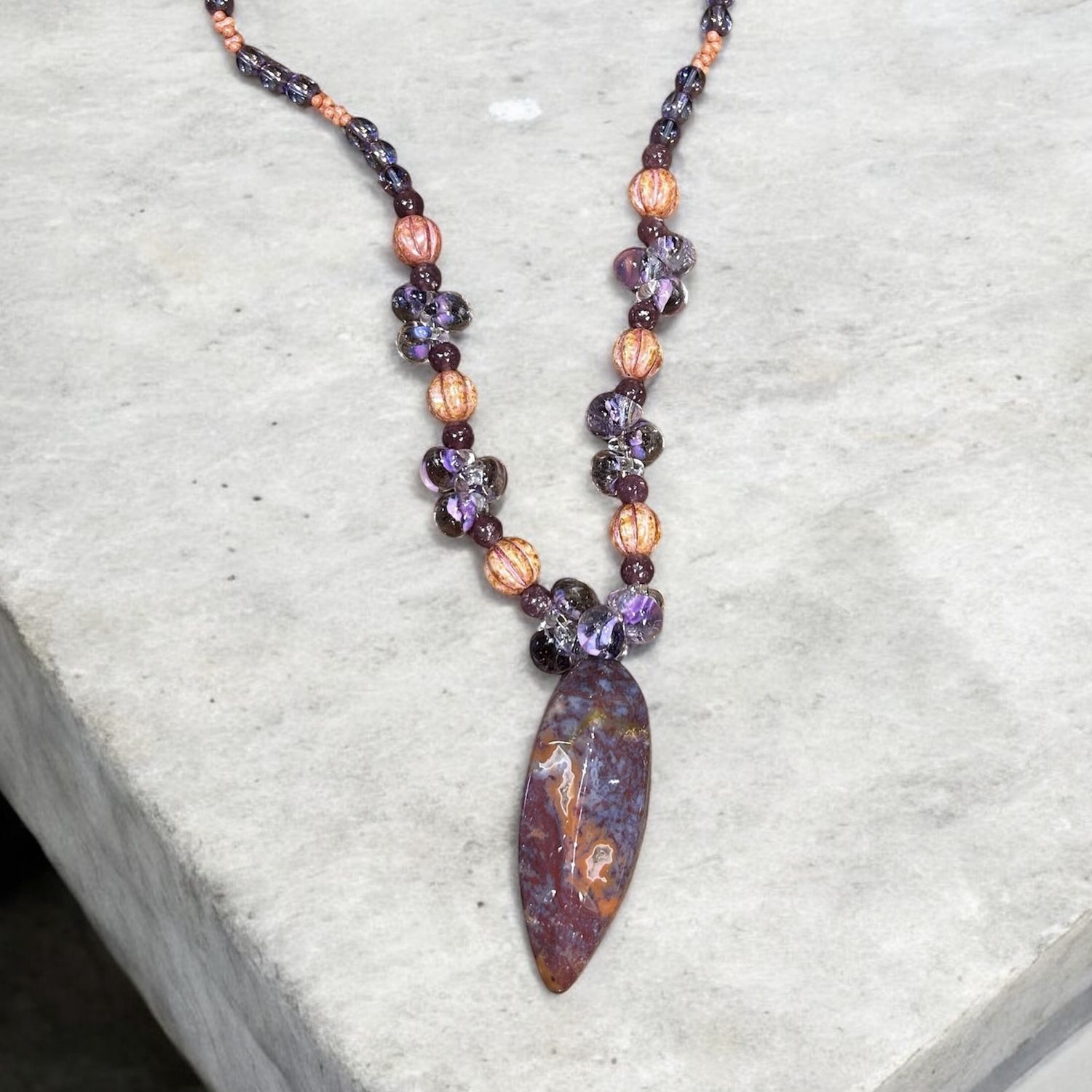 Nadeau Necklace Moss Agate, Unicorn &amp; Czech Glass, Wood, Amethyst