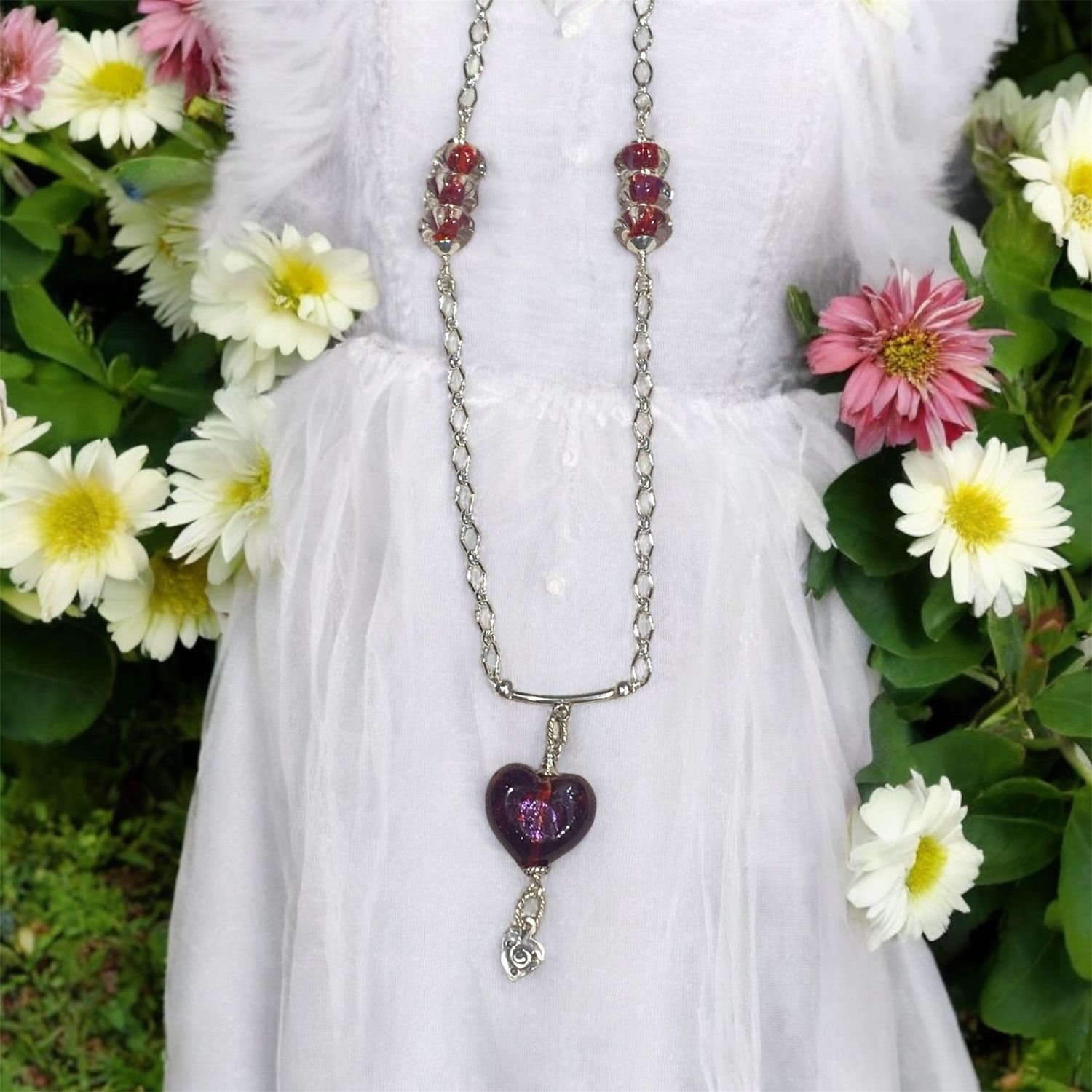 Whitney Necklace Red Shimmer Glass Heart