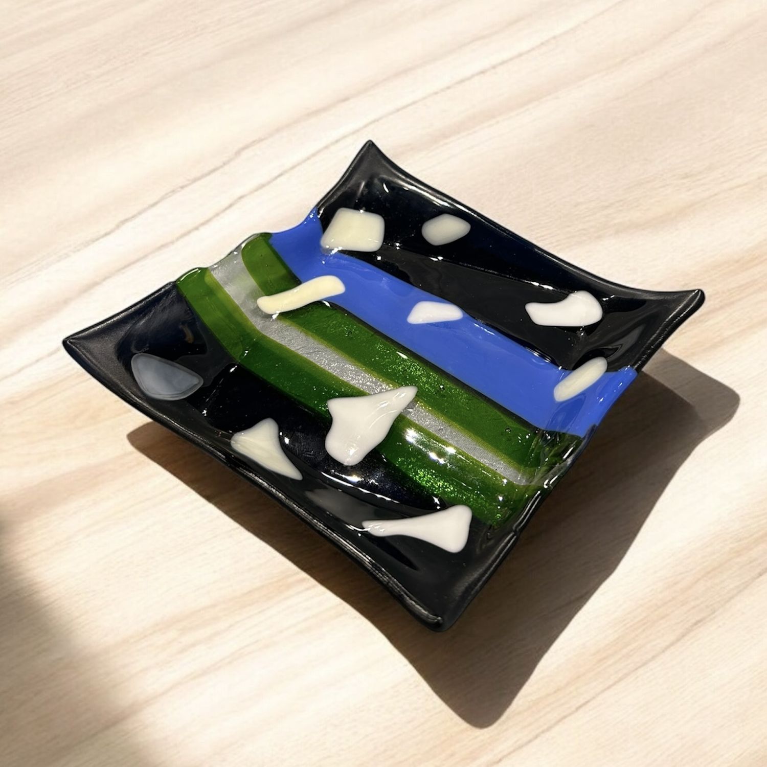 Groaning Original - Square Dish, Blue, Green &amp; Black with White Spots