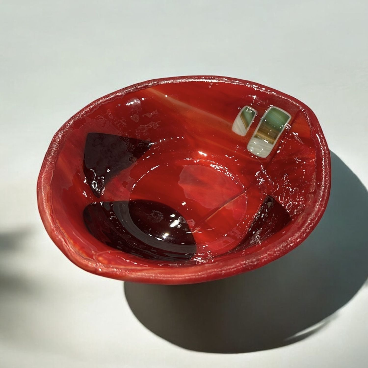 Groaning Original - Red Glass Bowl with Two Green Rectangles