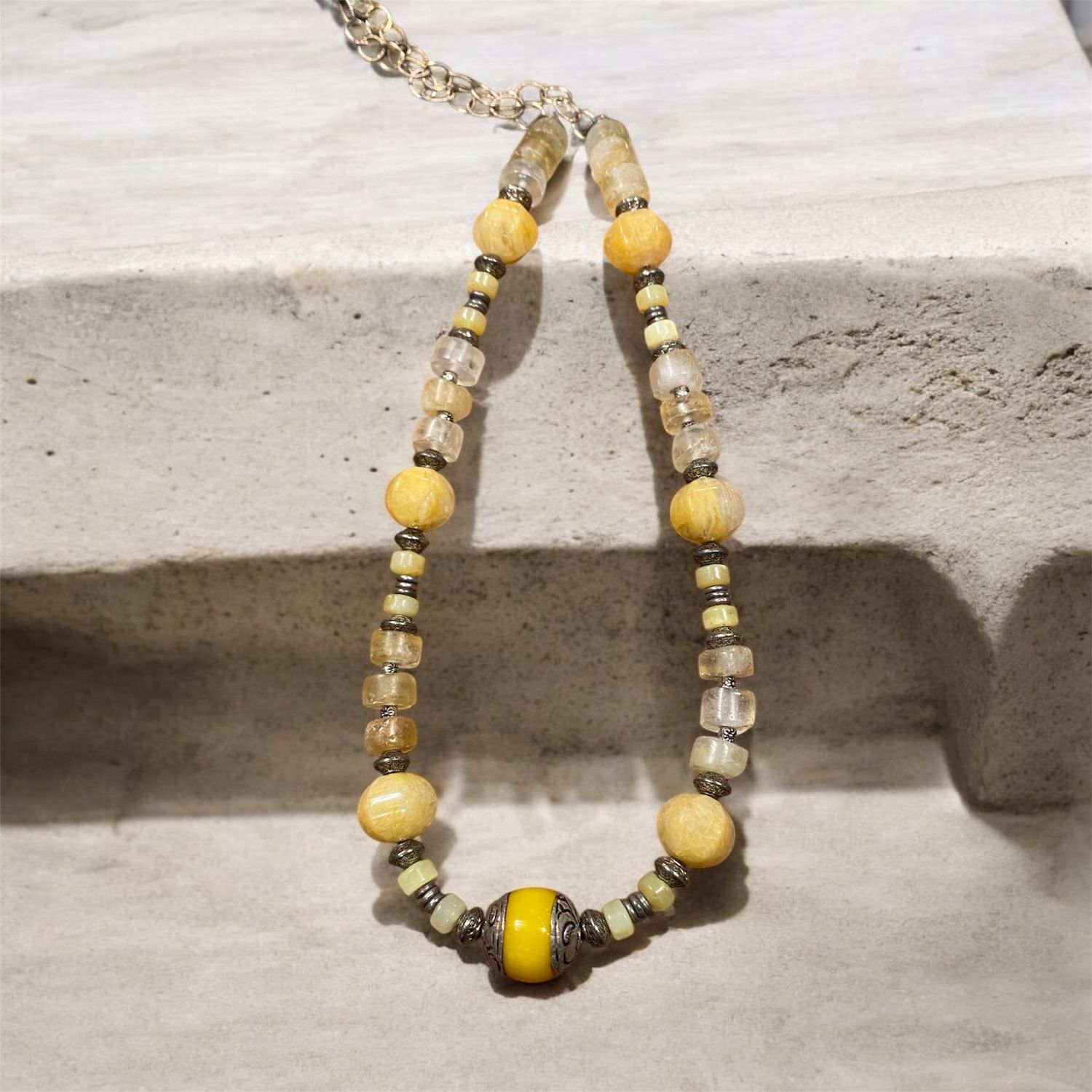 Nadeau Necklace Yellow Ceramic and Metal Beads