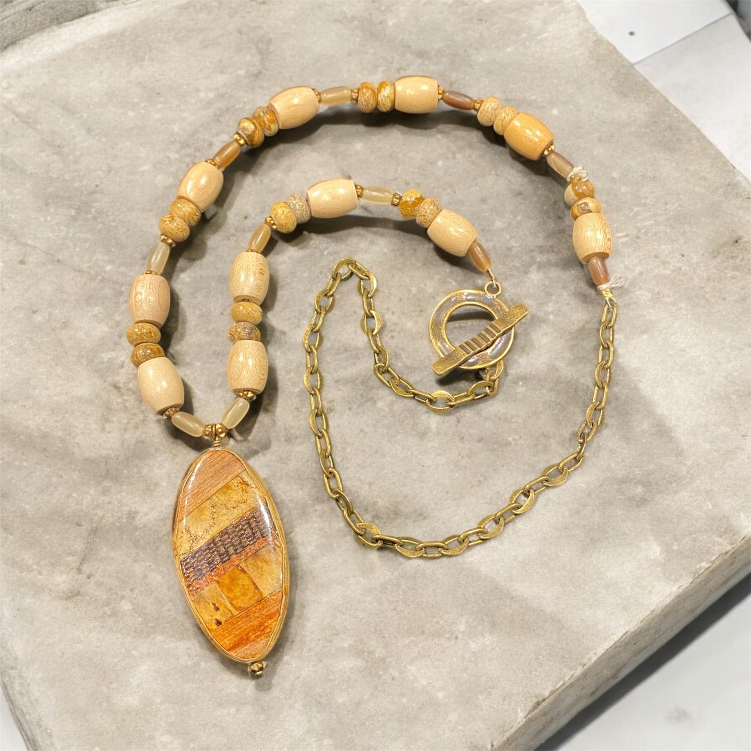 Nadeau Necklace African Wooden Beads w/ Brass Chain