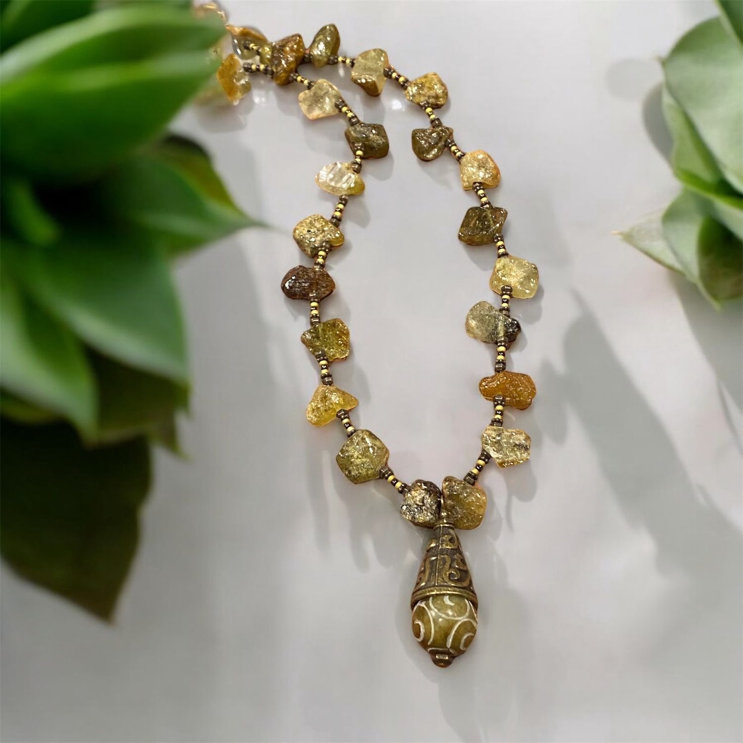 Nadeau Necklace Green Garnet, Brass, Artisan Made Glass