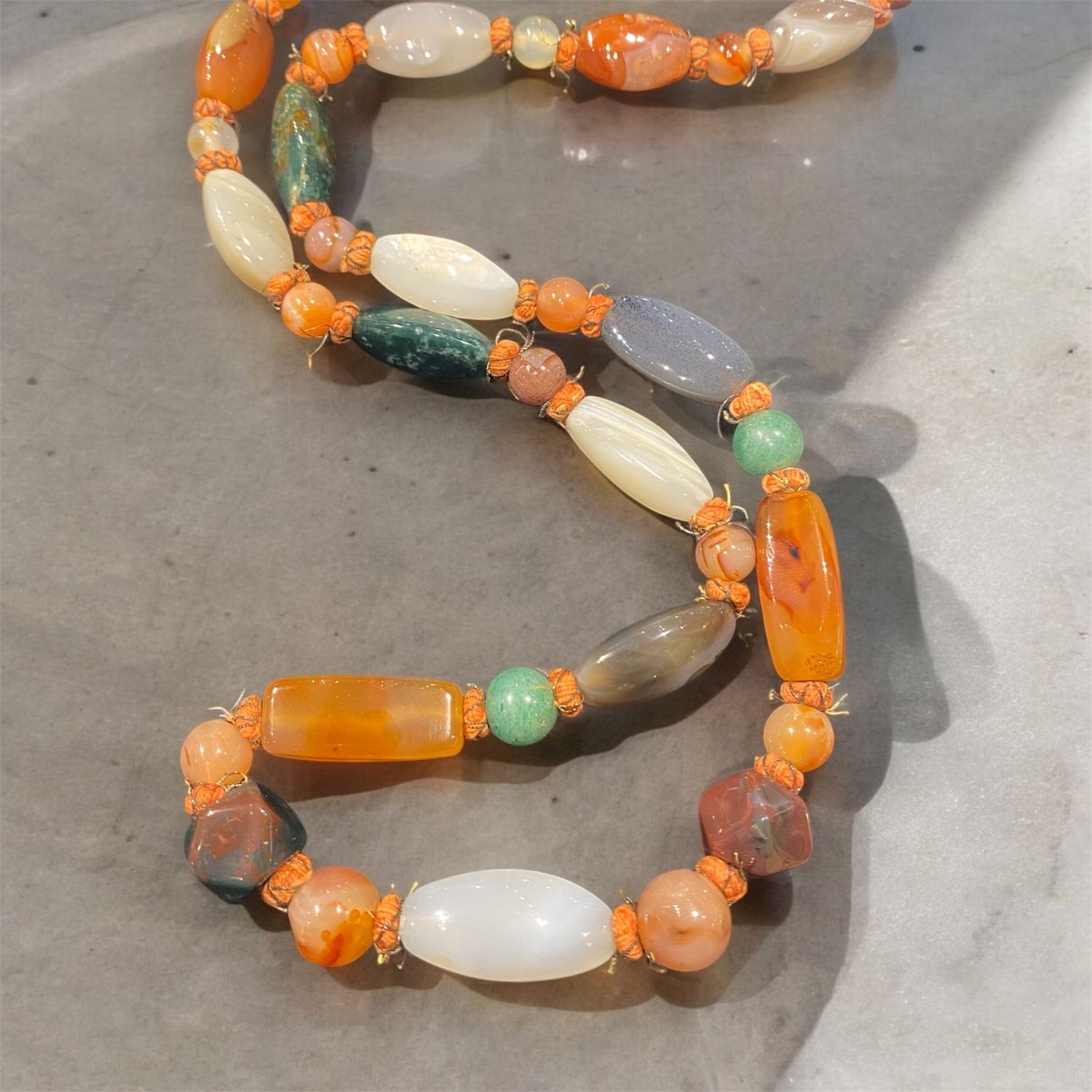 Nadeau Necklace Multicolor Agate w/ Orange Fabric Beads &amp; Jade