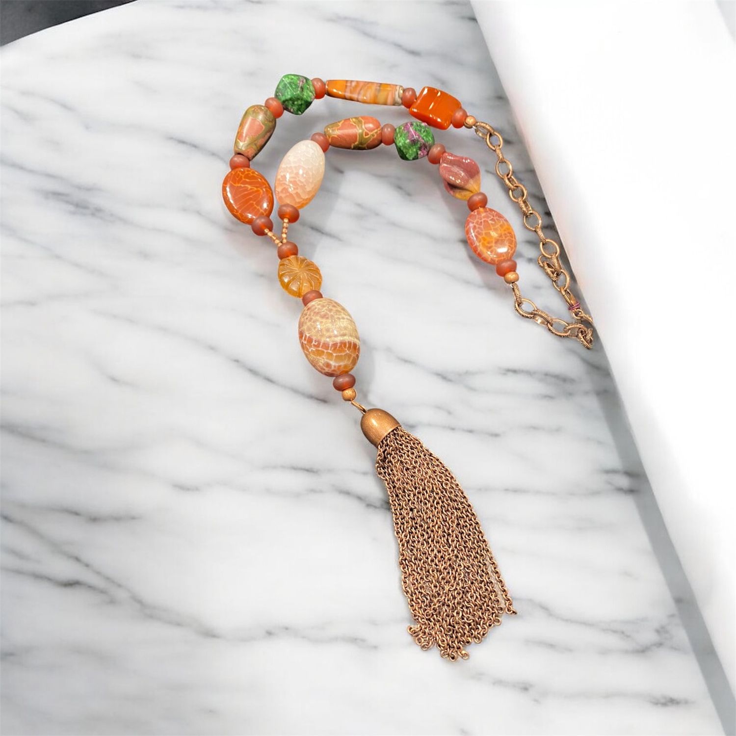 Nadeau Necklace Copper Tassel w/ Orange Agate &amp; Chrysoprase