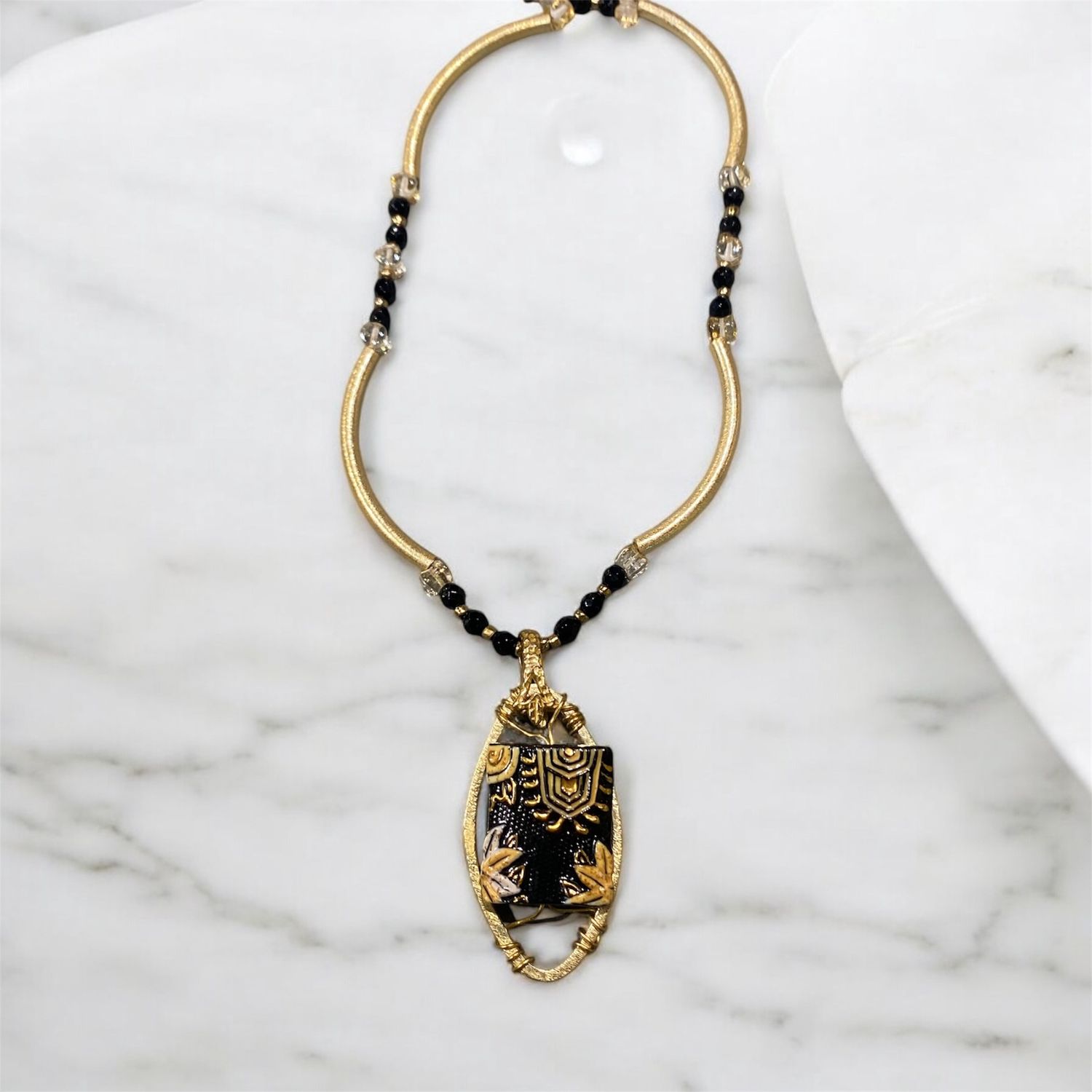 Nadeau Necklace Black &amp; Gold Ceramic Square Within Golden Oval