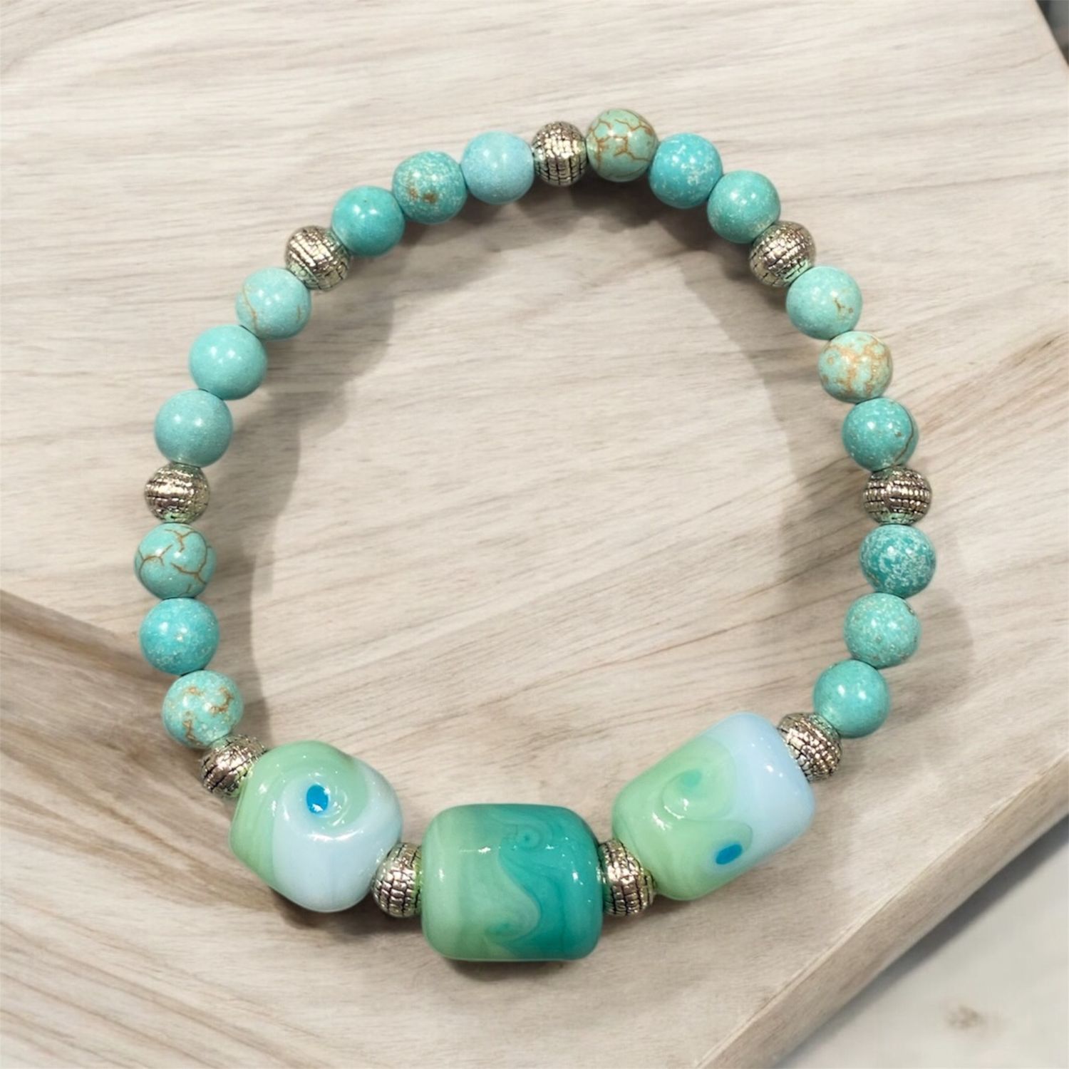 Benham Bracelet Aqua Glass w/ Turquoise &amp; Silver Beads
