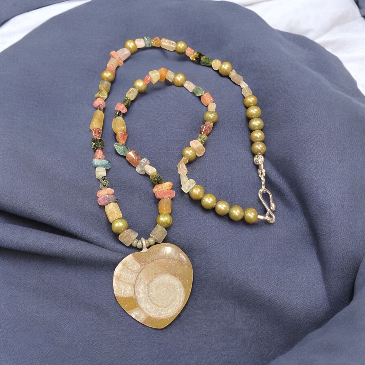 Benham Necklace Fossil Heart w/ Rainbow Stones