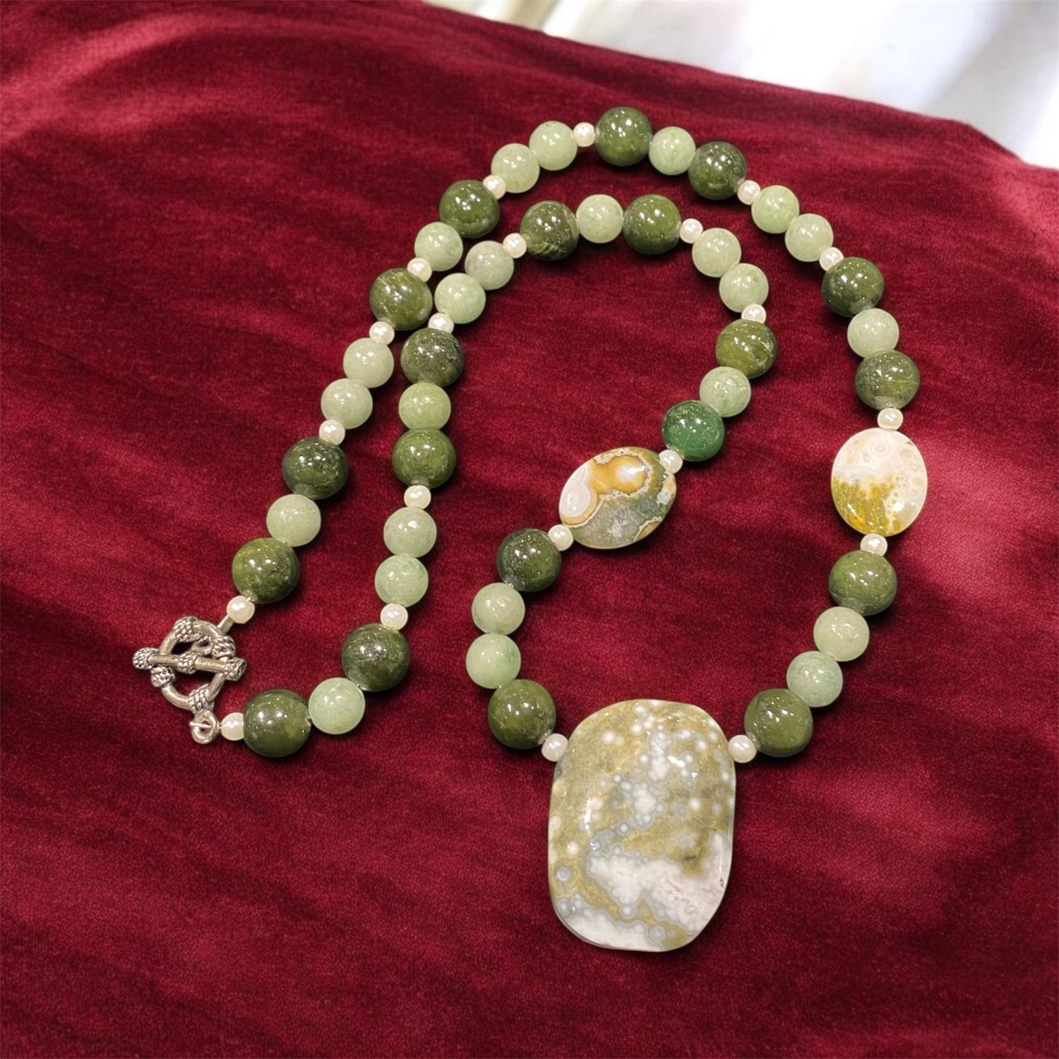 Benham Necklace Green Agate, Jade &amp; Pearl