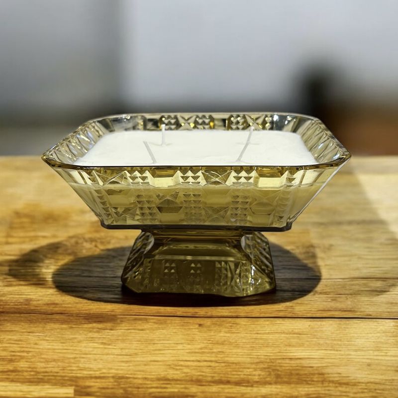 Canoa Scented Candle "Frasier Fir &amp; Frankincense" in Yellow Glass Square Candy Bowl