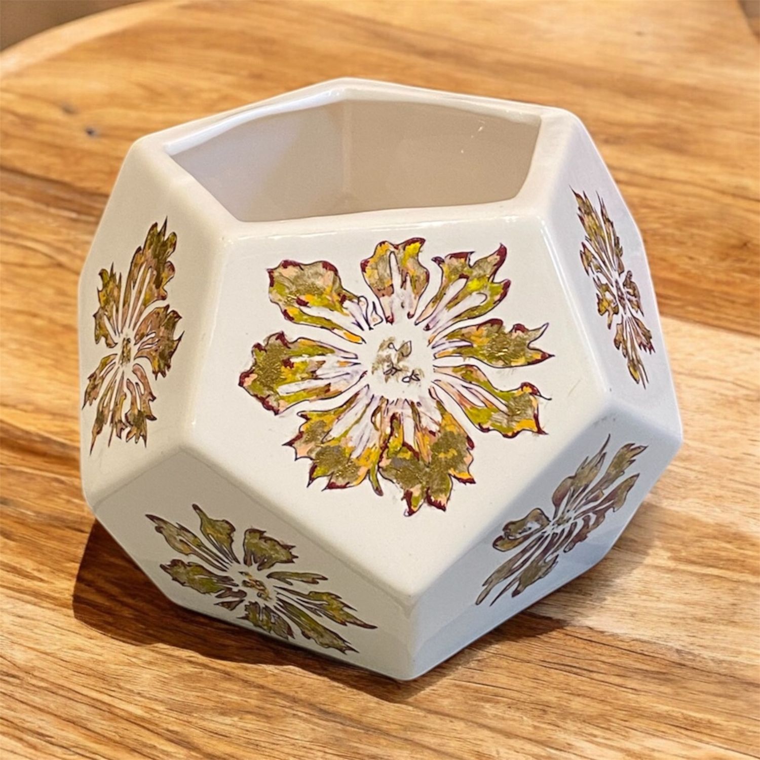 Fragnoli Planter Golden Flowers on White Hexagon