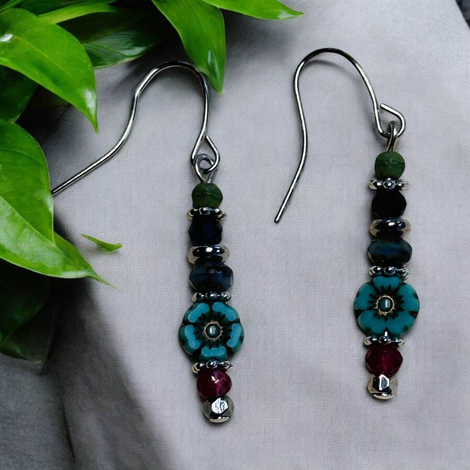 Garnish Earring Multi Color Dangles Sapphire, Czech Glass