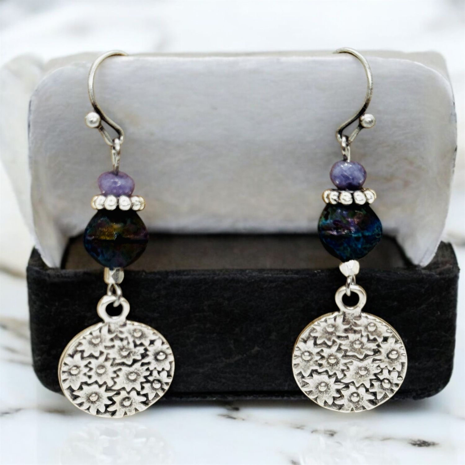 Garnish Earring Silver Floral Disc with Blue/Purple Bead
