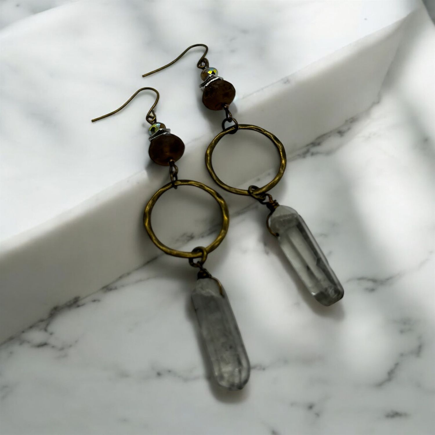 Garnish Earring Gray Quartz and Brown Bead Dangle