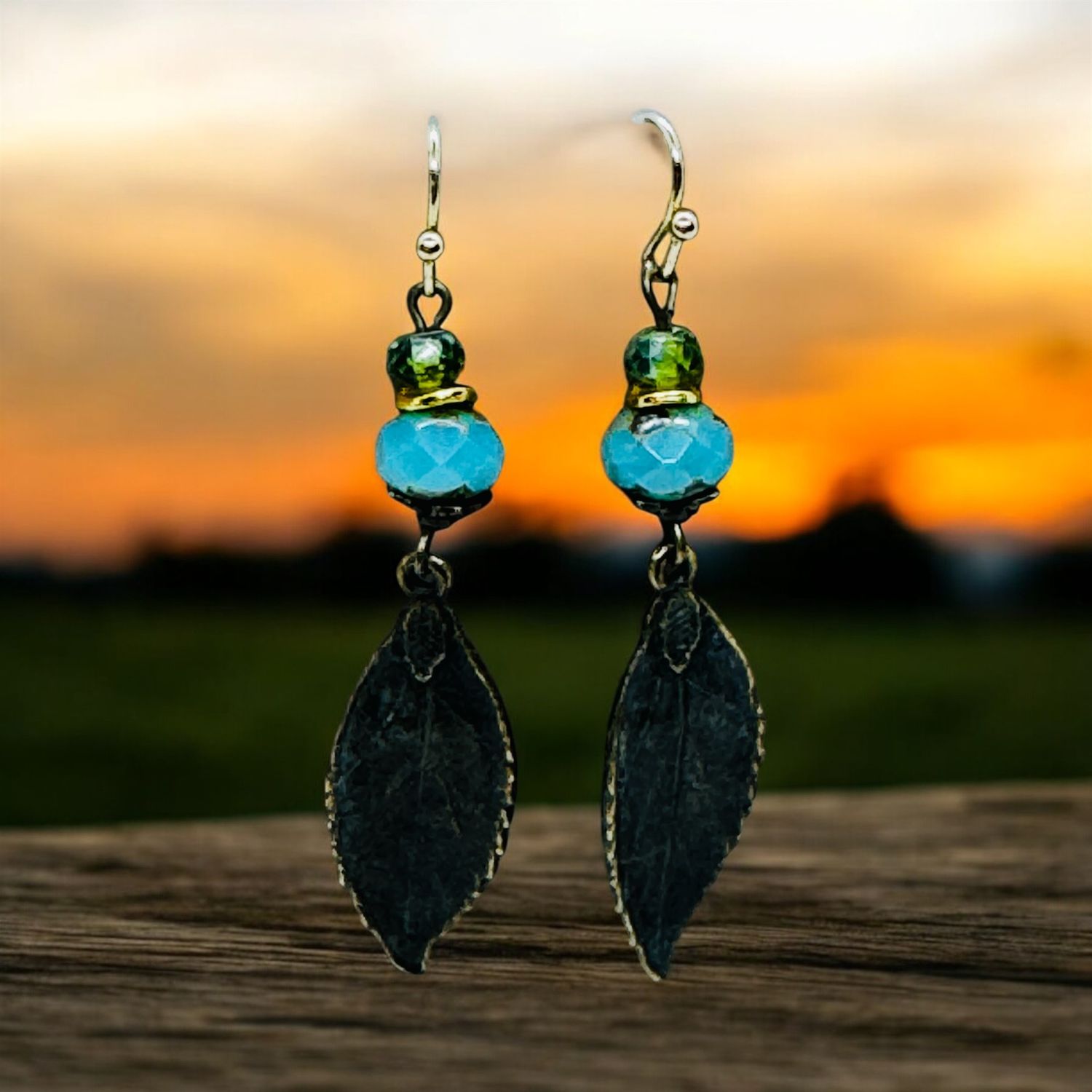 Garnish Earrings Bronze Plated Aqua Bead and Bronze Leaf