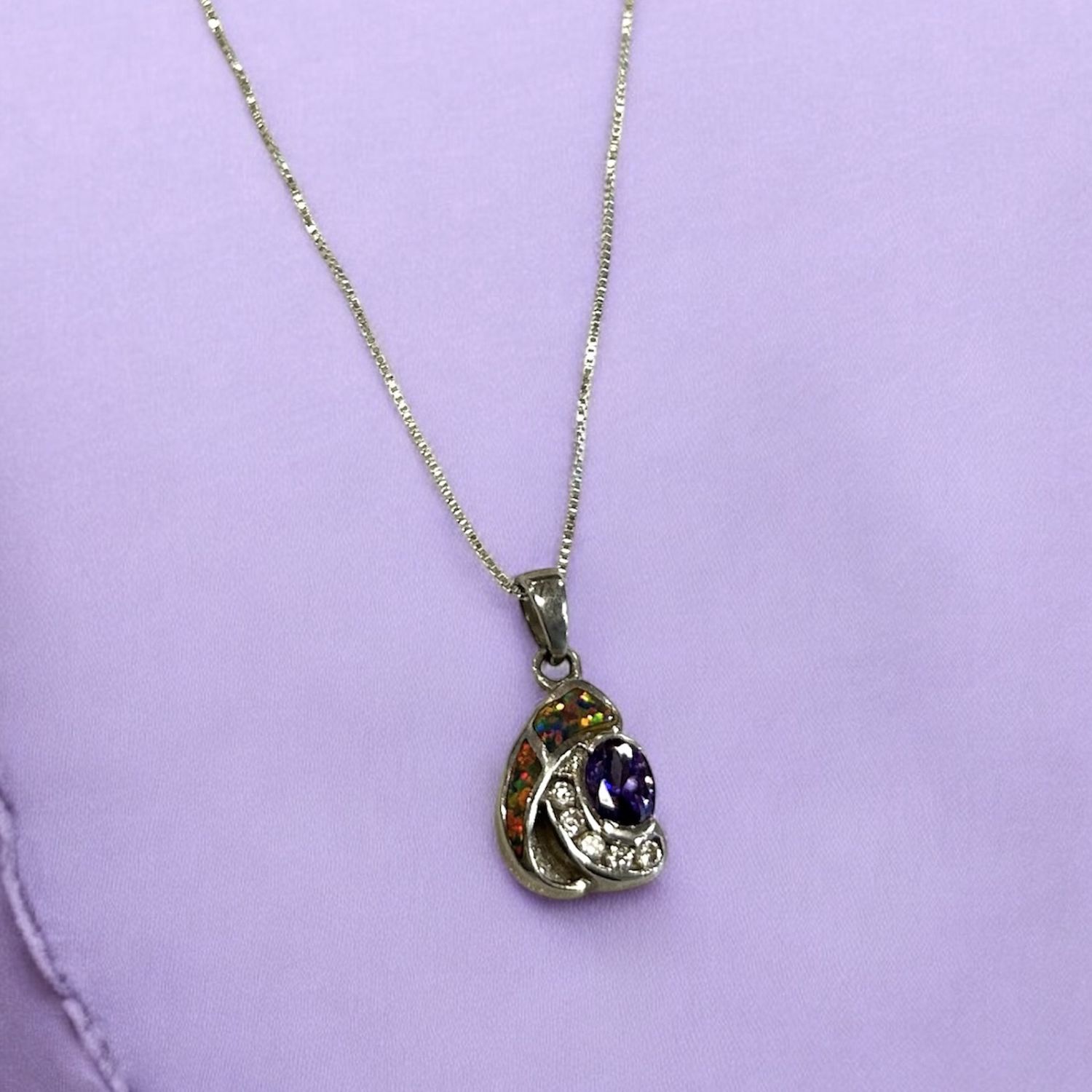 Nadeau Necklace Thai Silver Pendant with Amethyst &amp; Lab Opal SS Chain