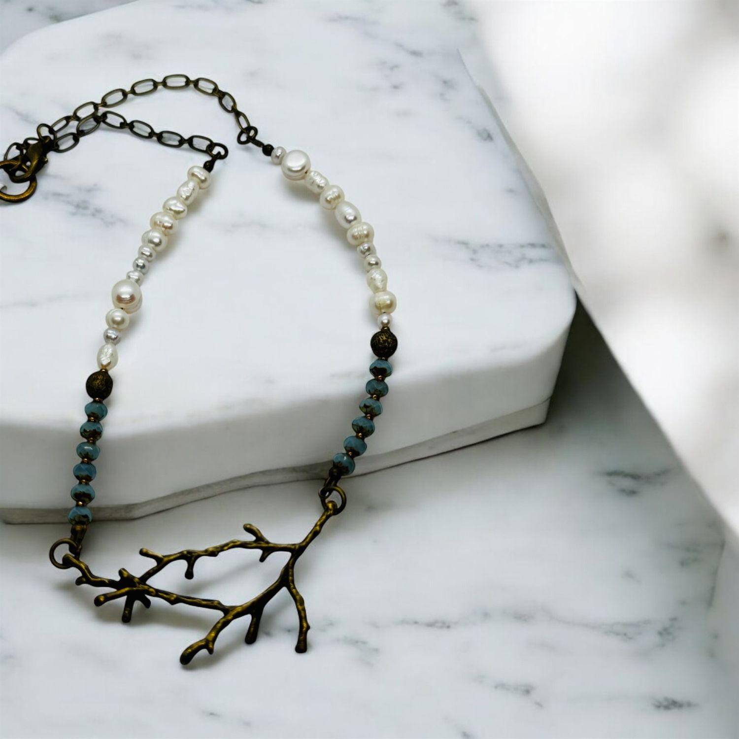 Garnish Necklace Bronze Brancy Blue Beads and Pearls