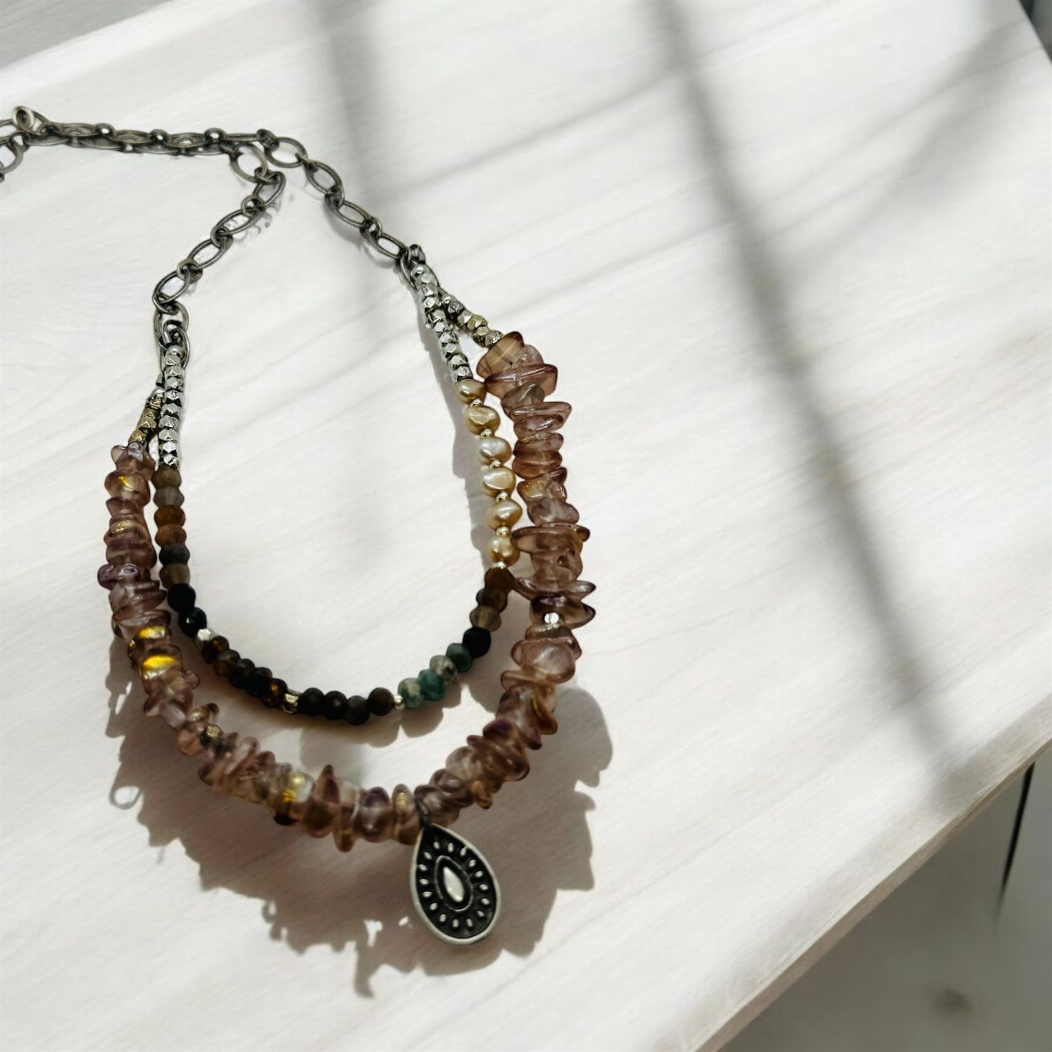 Garnish Necklace Peach Beach Glass w/Silver Teardrop and Assoted Beads