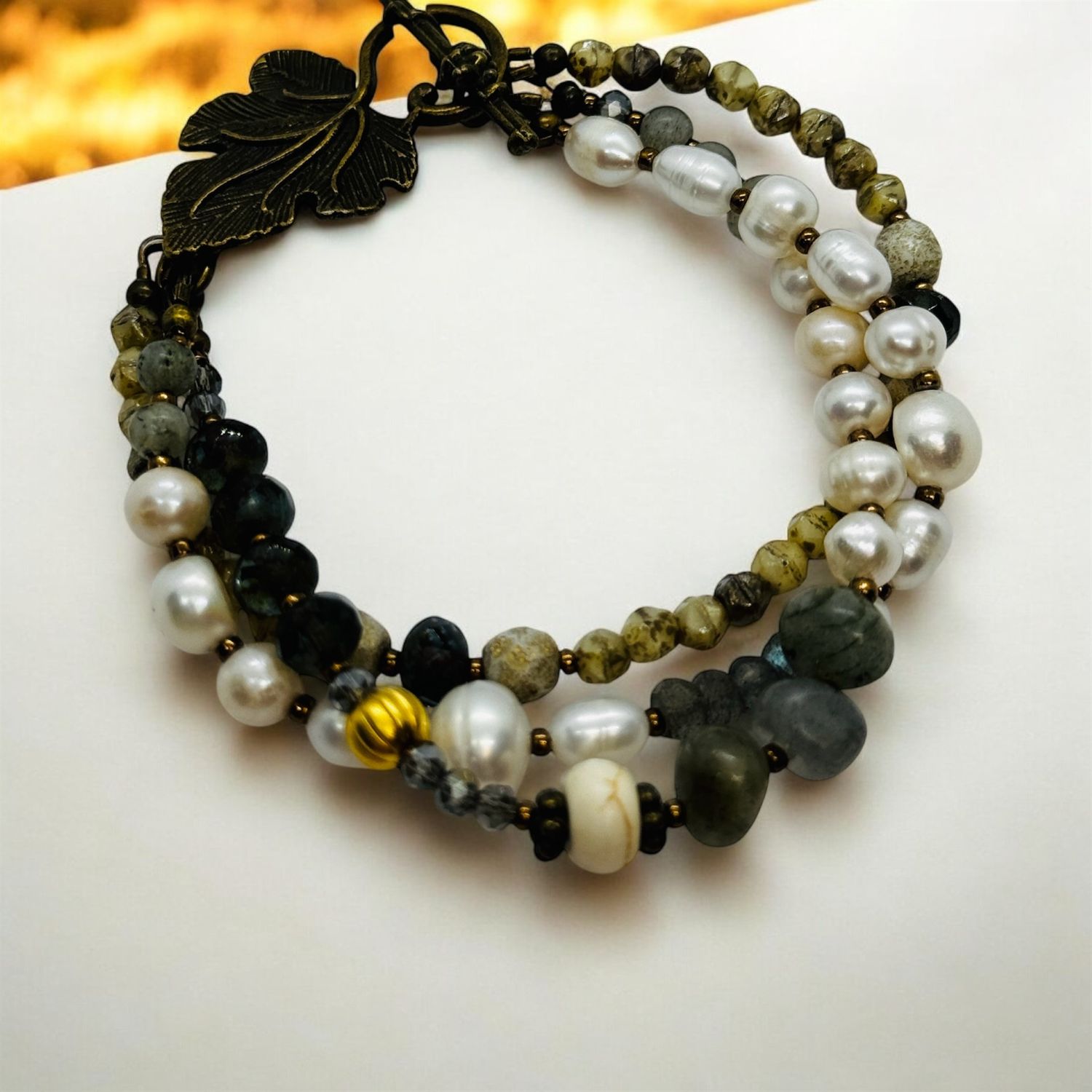 Garnish Bracelet Bronze Grape leaf, Pearls and beads