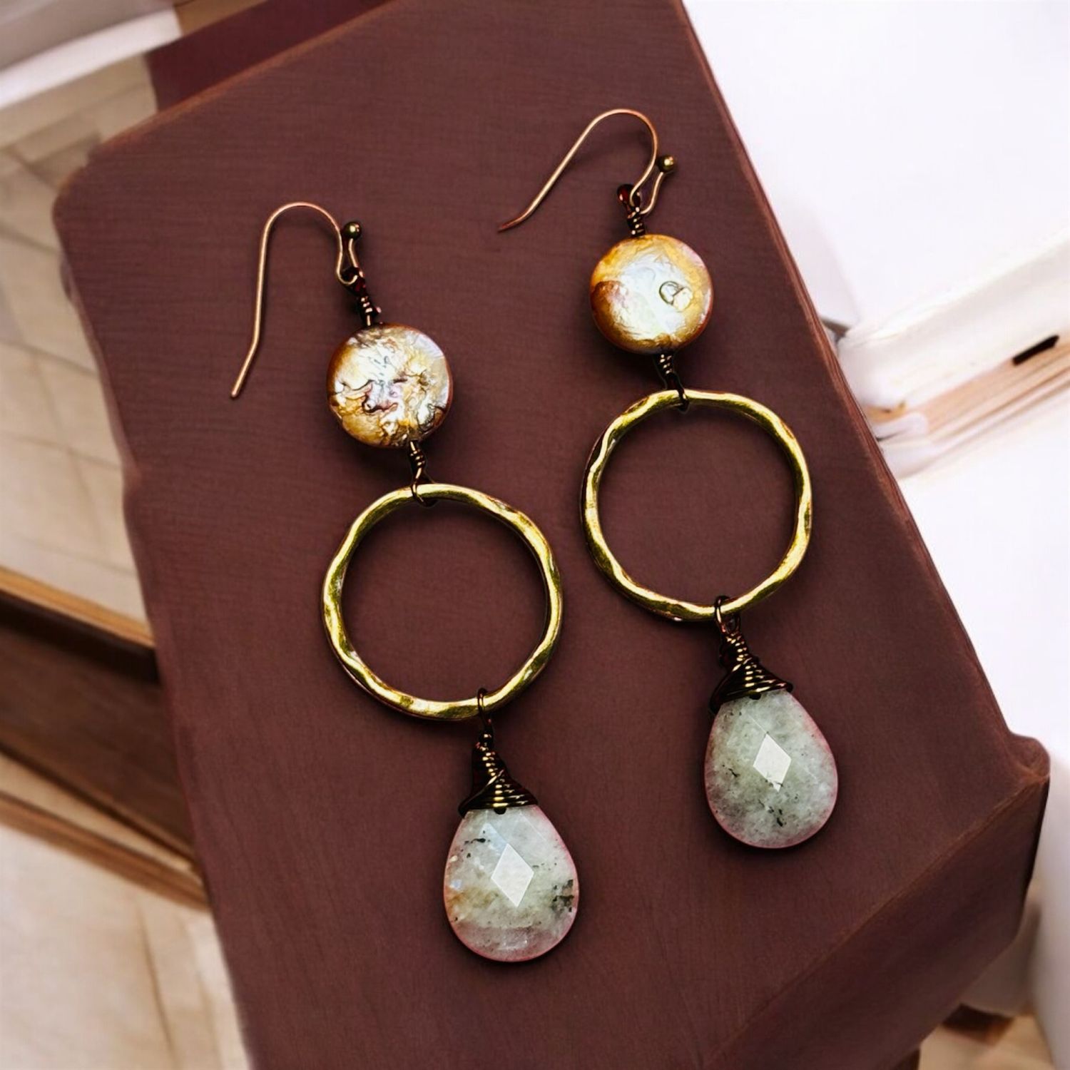 Garnish Earring Copper Coin Pearl on Bronze Hoop with Faceted Labradorite