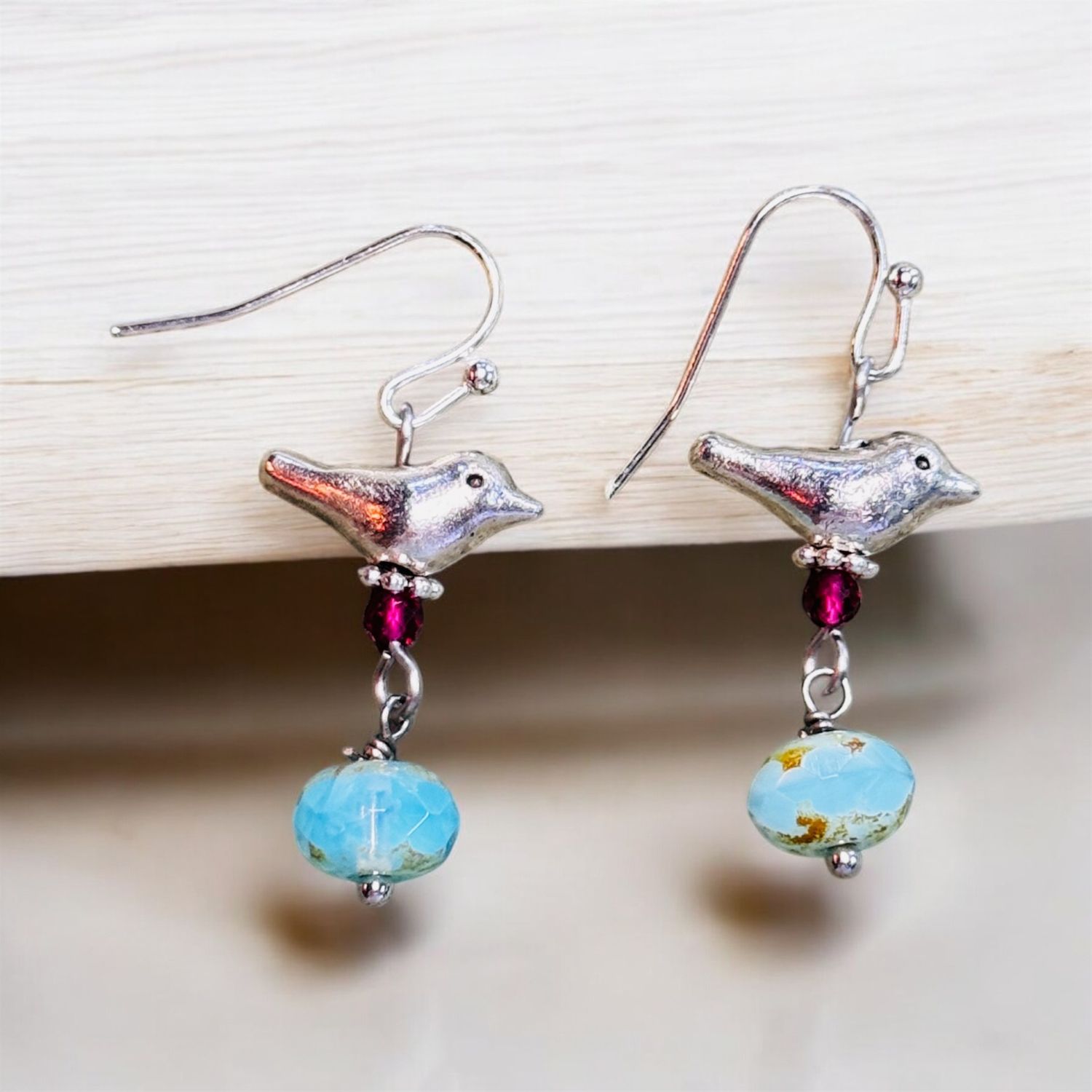 Garnish Earrings Silver Robin, Pink Mica and Blue Bead