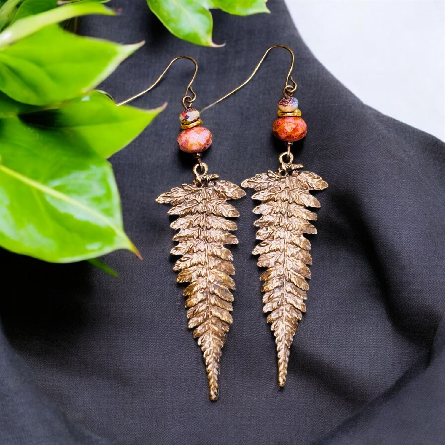 Garnish Earrings Bronze Fern and Coral