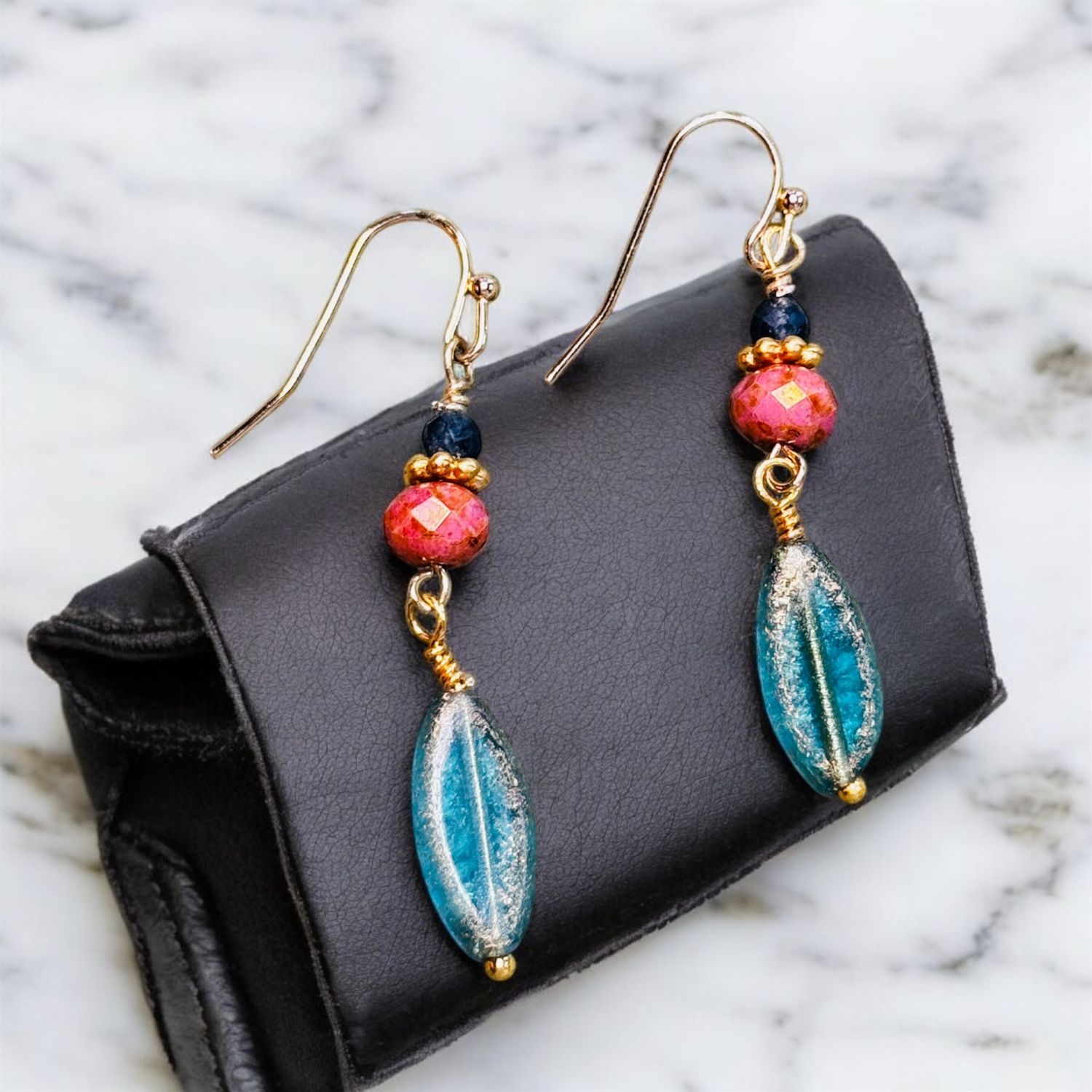 Garnish Earrings Blue Spindle, Coral and Sapphires
