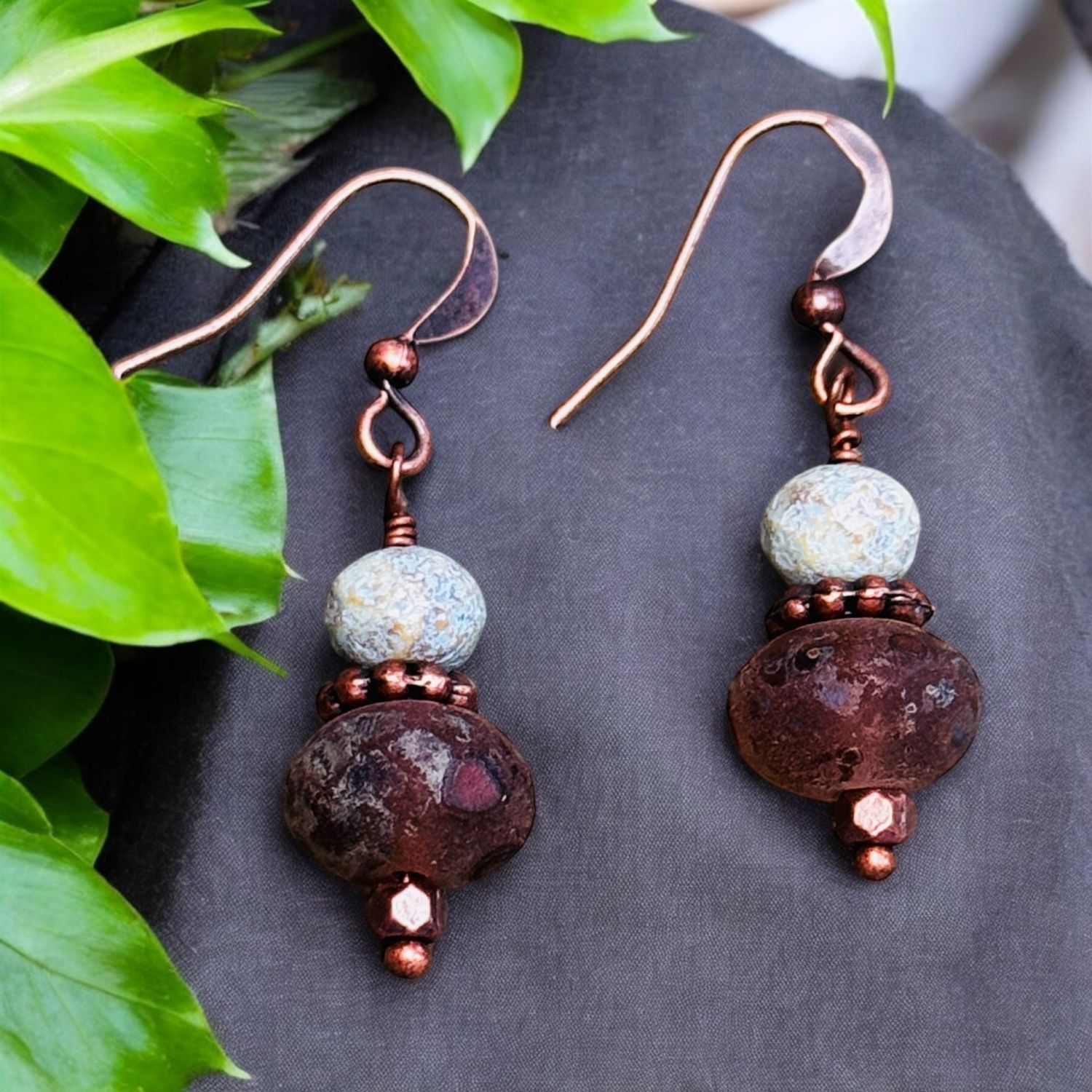 Garnish Earring Czech Glass Blue and Brown Beads